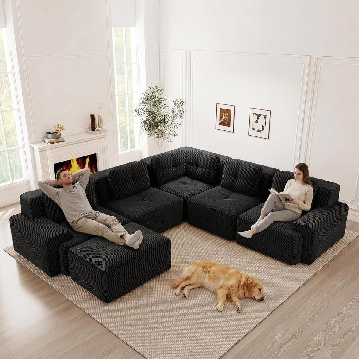 Schwarzes Cord Ecksofa in U-Form von vorne