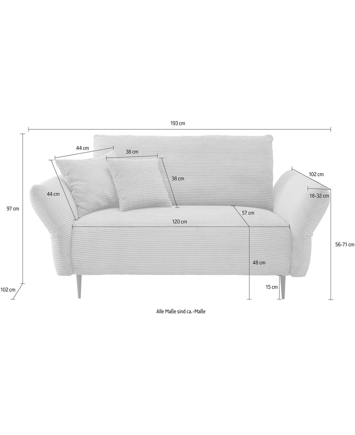 Cord Sofa VANILLA Seitenansicht der schmalen Armlehne