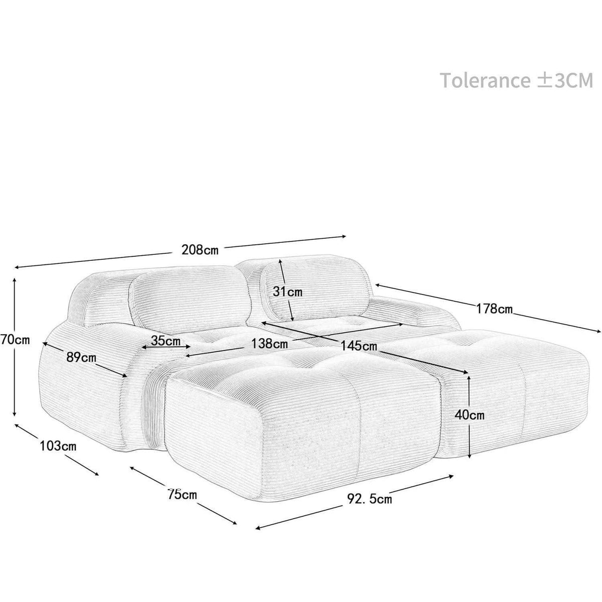 Modulares Cord Ecksofa in Grau von vorne