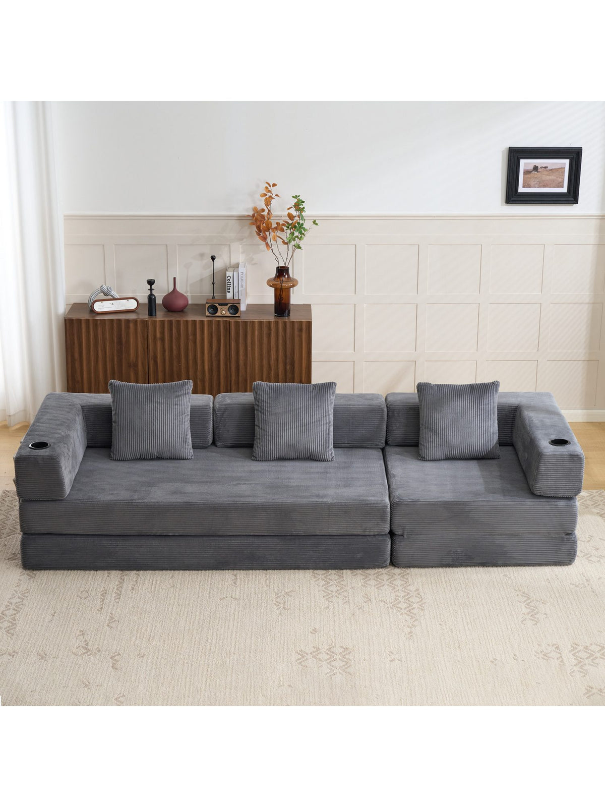Faltbares Cord Sofa in Dunkelgrau im Wohnzimmer