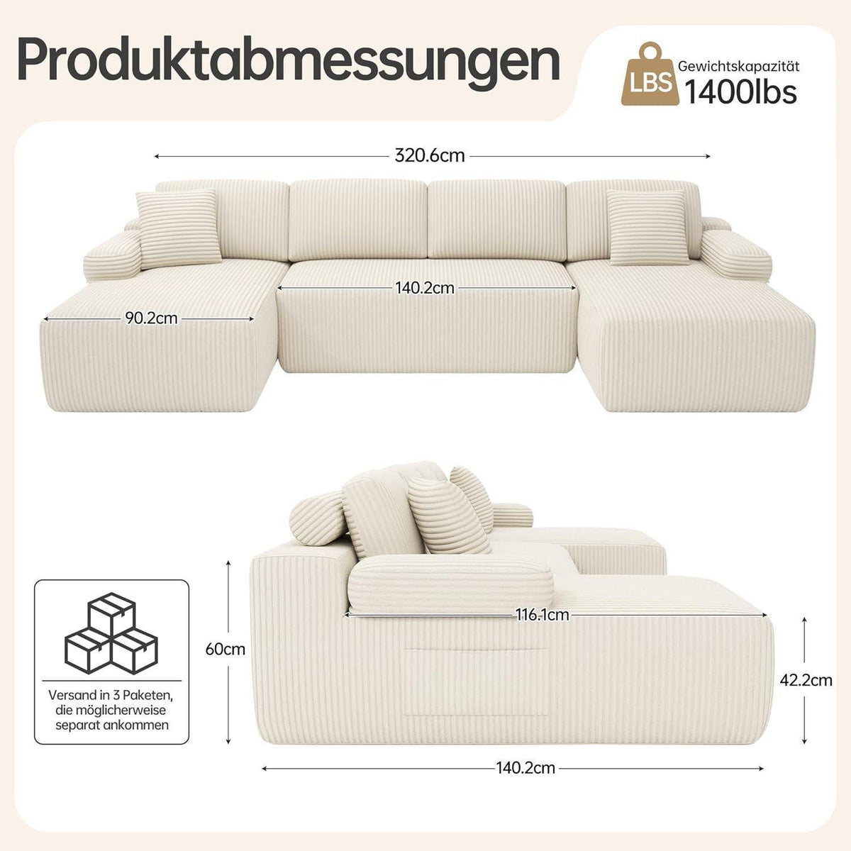 Modulare Cord Wohnlandschaft in Beige im Wohnzimmer