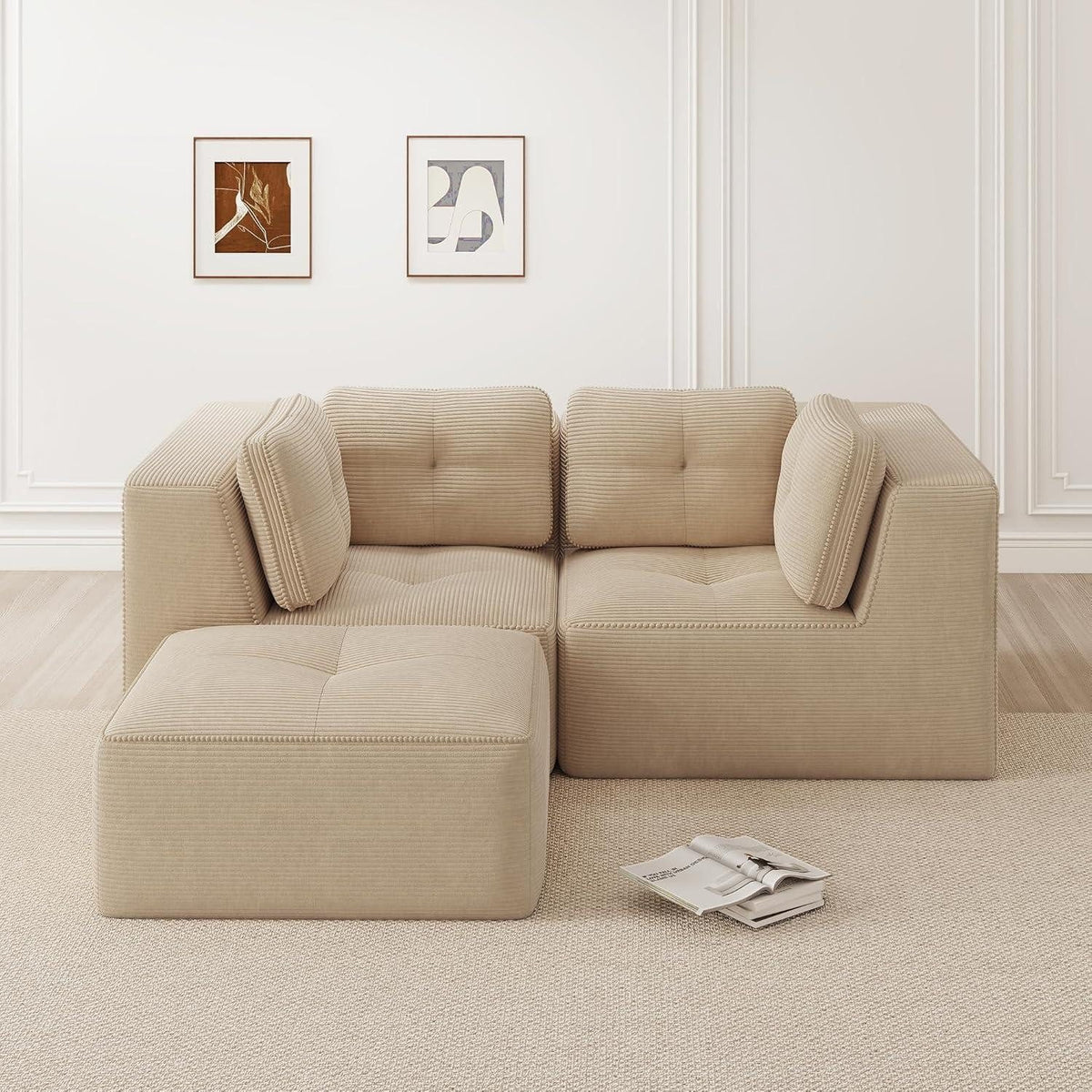 Beiges Cord Ecksofa mit tiefer Sitzfläche seitlich