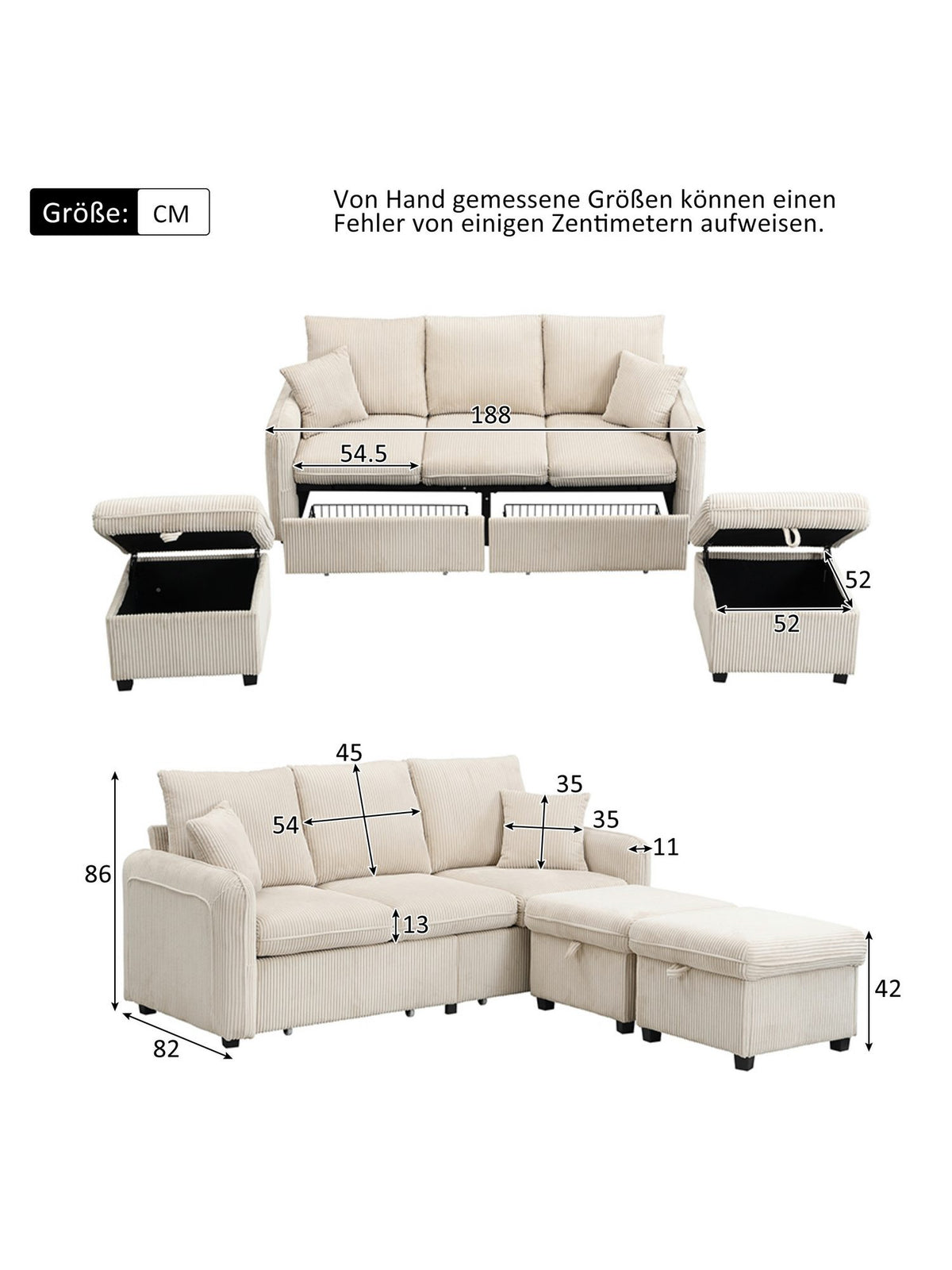 Hocker mit Staufach des beigen Cord Ecksofas