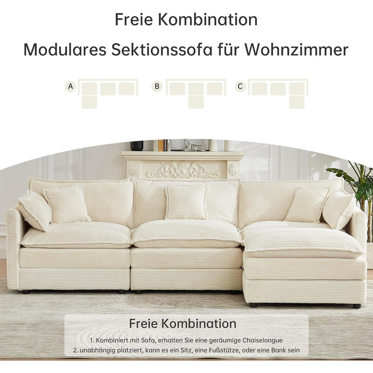 Cord Wohnlandschaft in Beige mit massivem Metallrahmen
