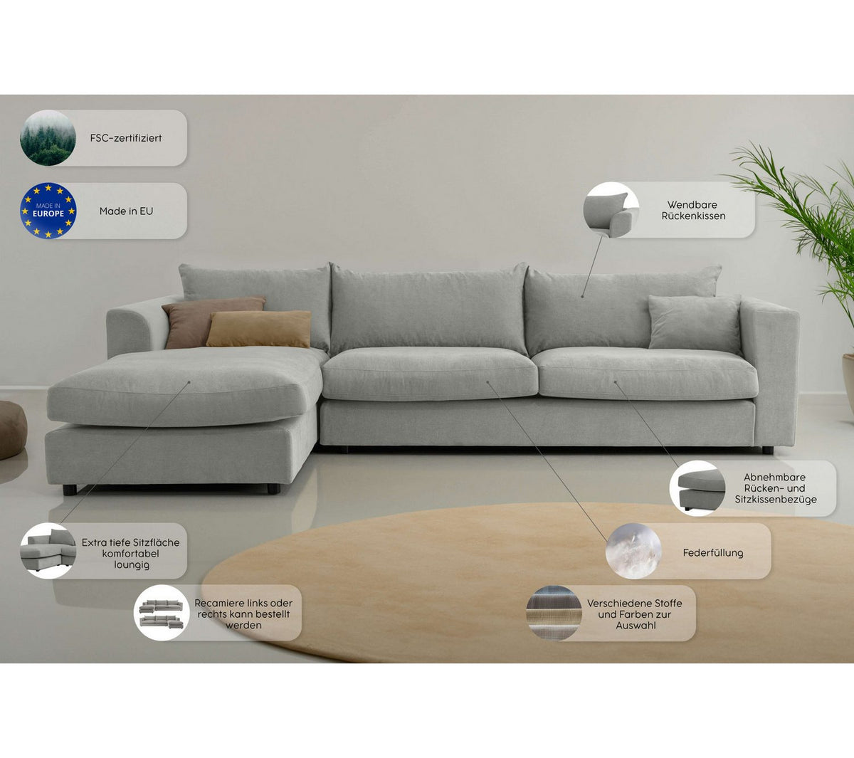 Seitenansicht des Cord Ecksofas Avelina