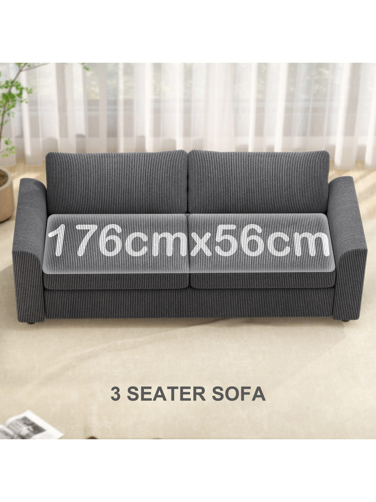 Seitenansicht des dunkelgrauen Cord Sofas