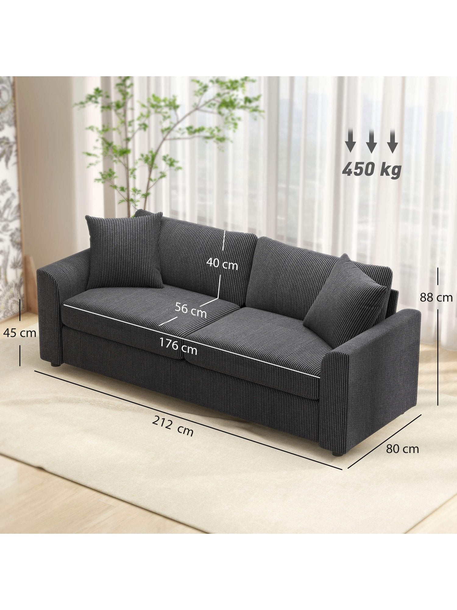 Armlehne und Zierkissen des Cord Sofas