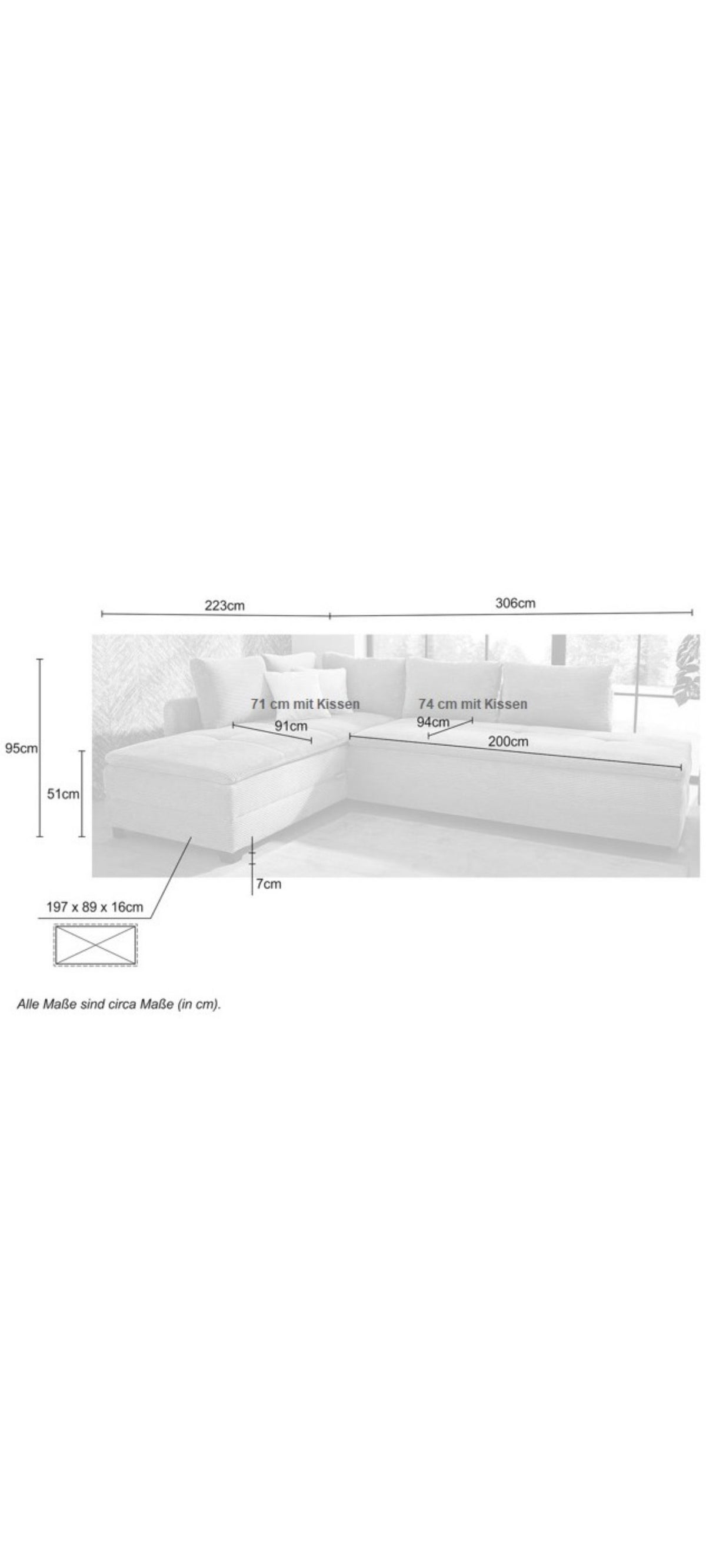 Cord Ecksofa 15161 mit Rückenkissen und Zierkissen