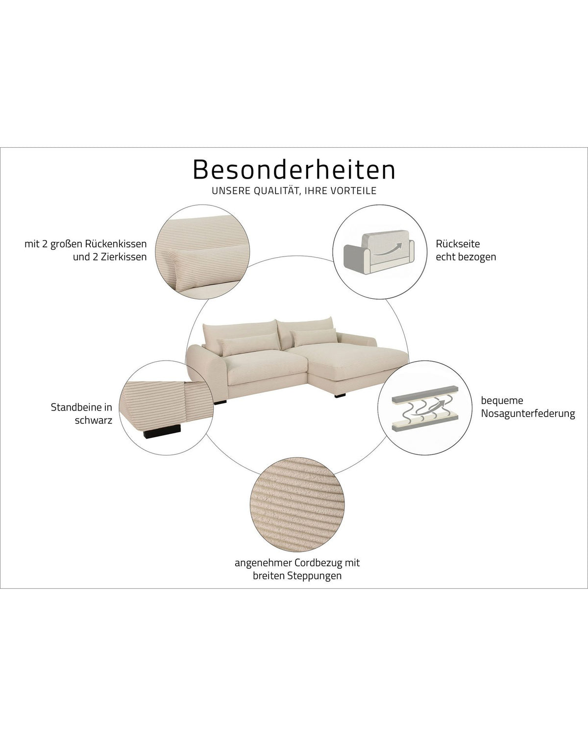 Cord Ecksofa MARK mit Ottomane rechts in Creme