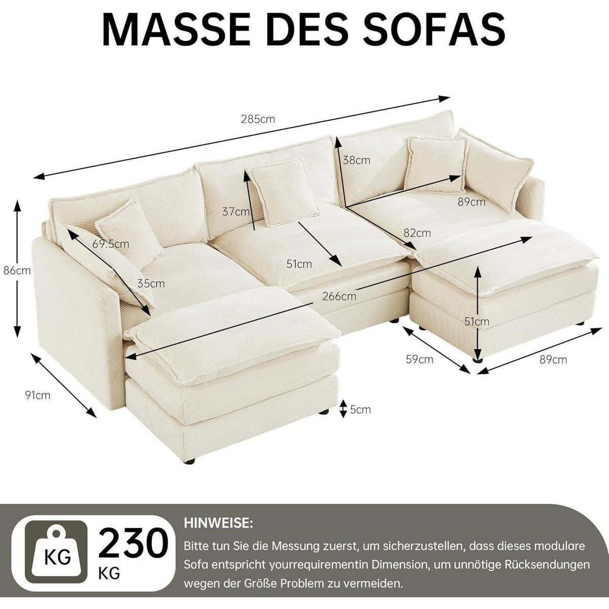 Beige Cord Wohnlandschaft in U-Form Gesamtansicht