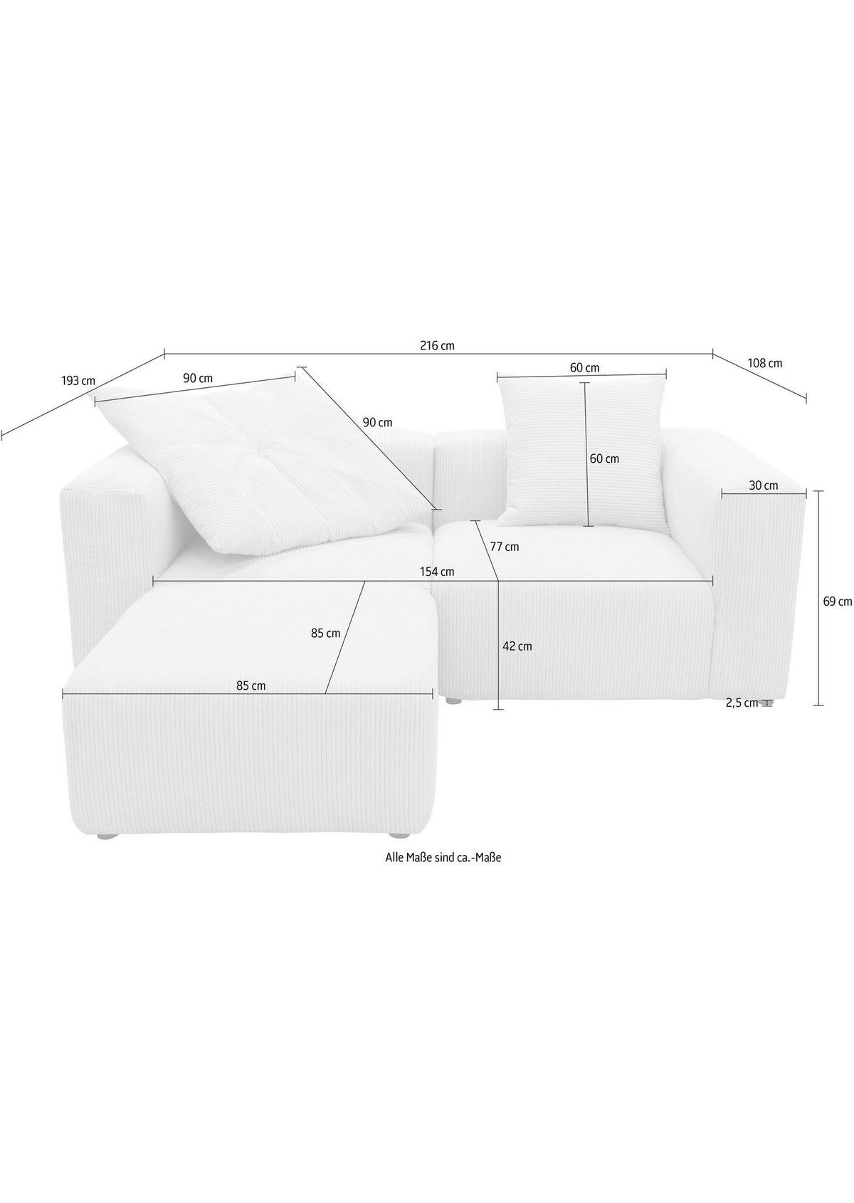 Maßskizze des Cord Modulsofas GERRID