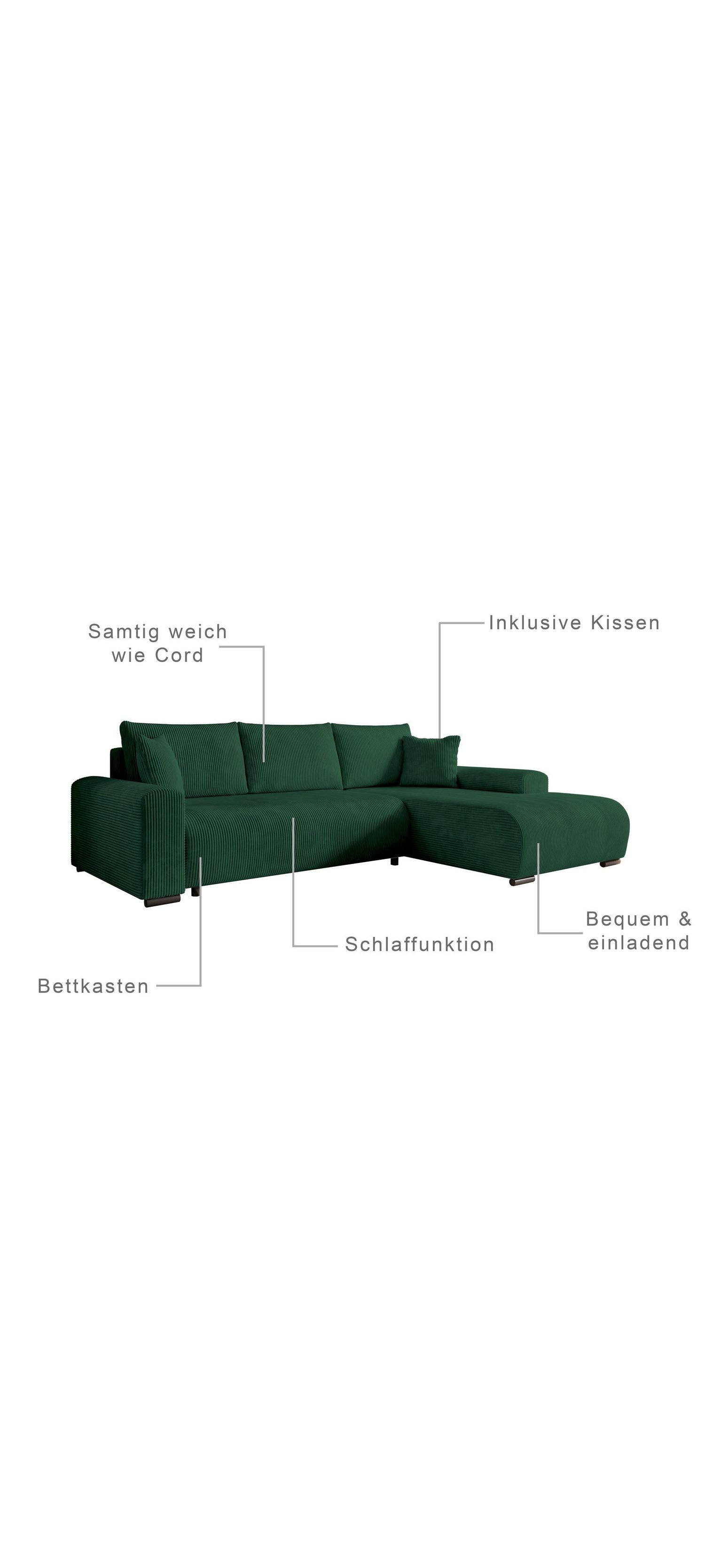 Cord Ecksofa ELLEN mit ausgeklappter Liegefläche