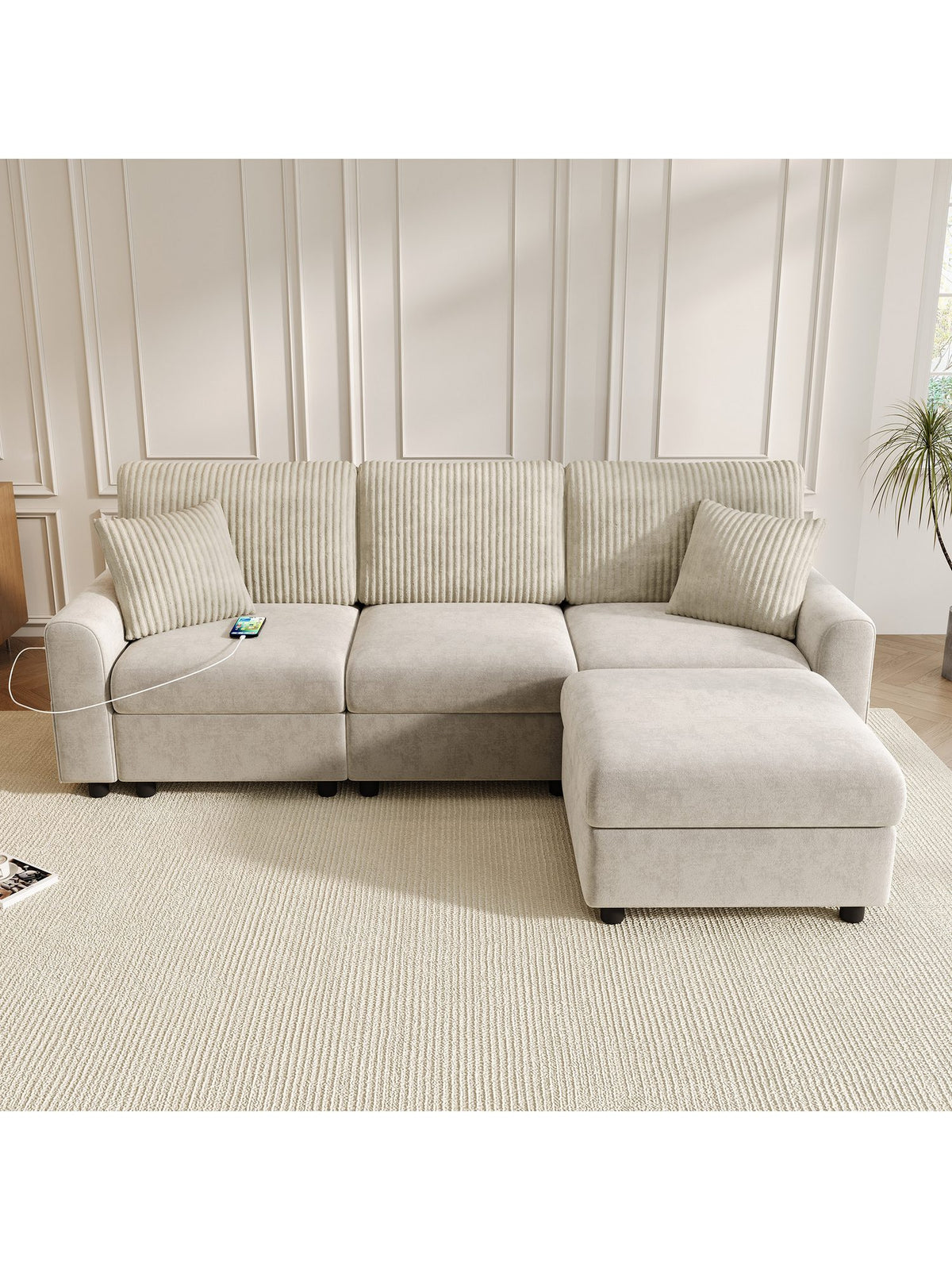 Cord Ecksofa FLIEKS in Beige mit Hocker von vorne