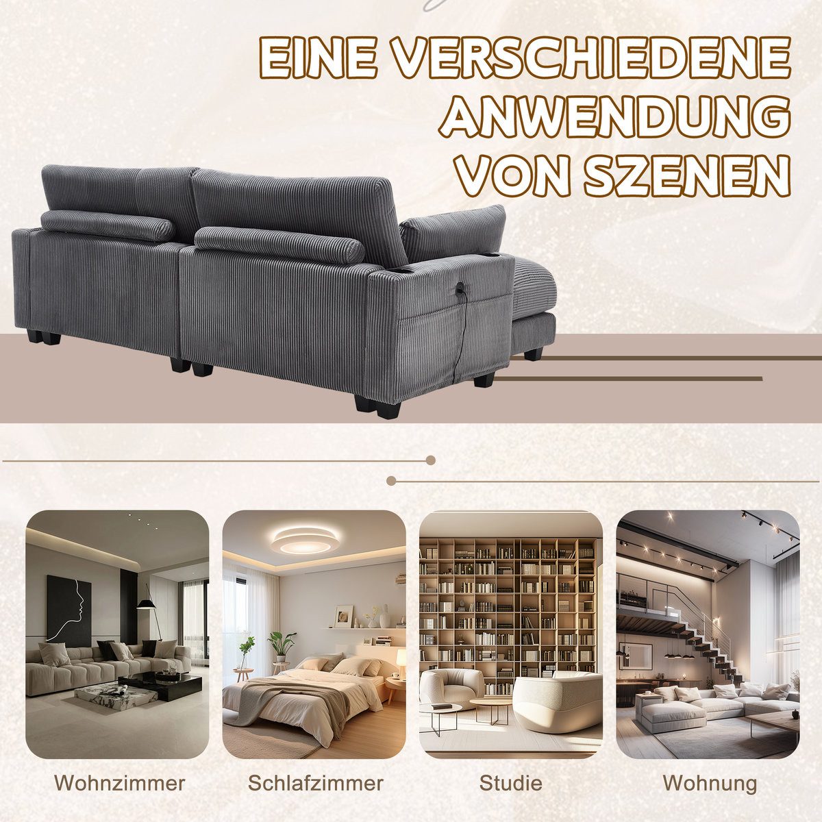 Detailaufnahme des fein gerippten Cordstoffs in Grau