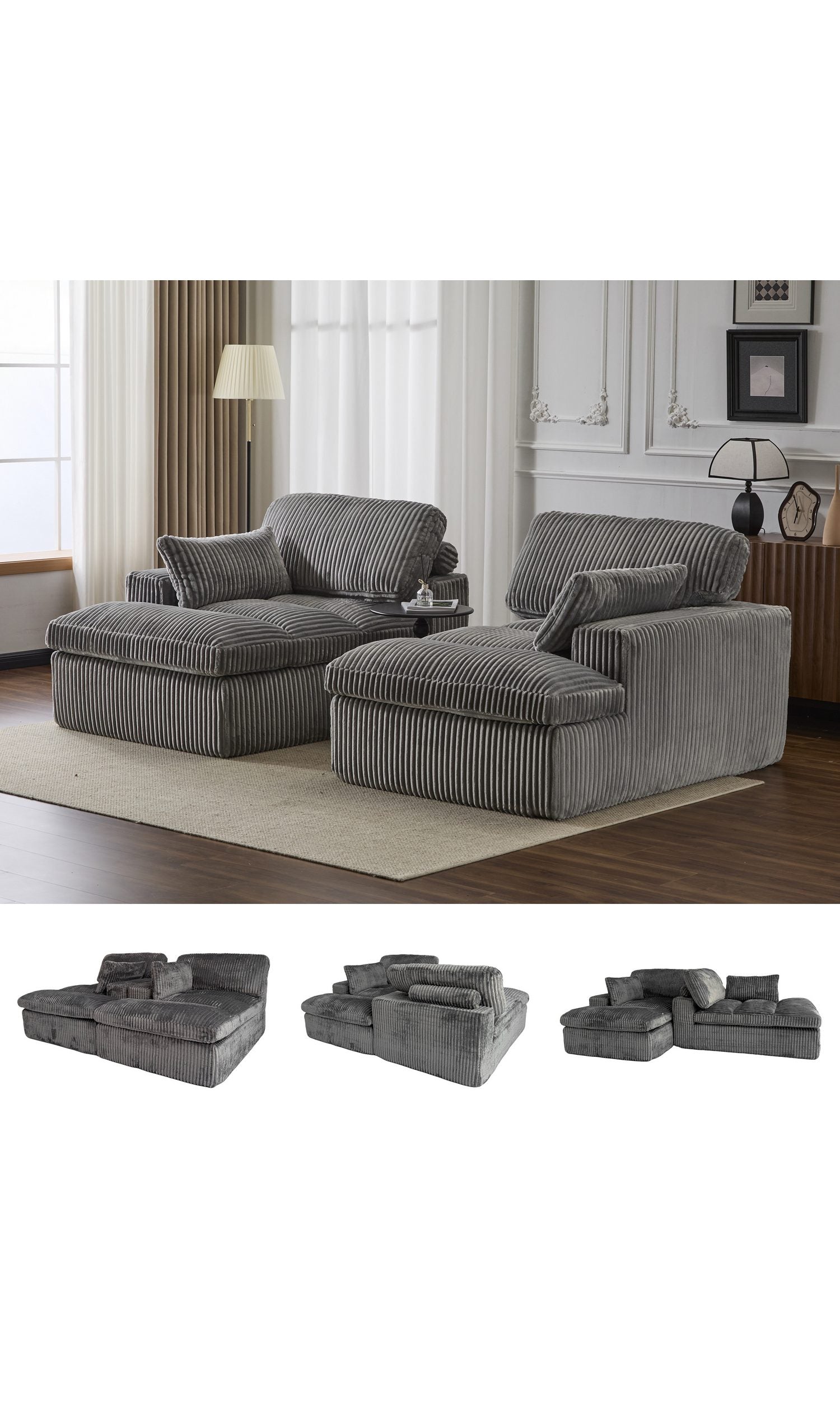 Cord Schlafsofa in Grau Gesamtansicht im Wohnzimmer