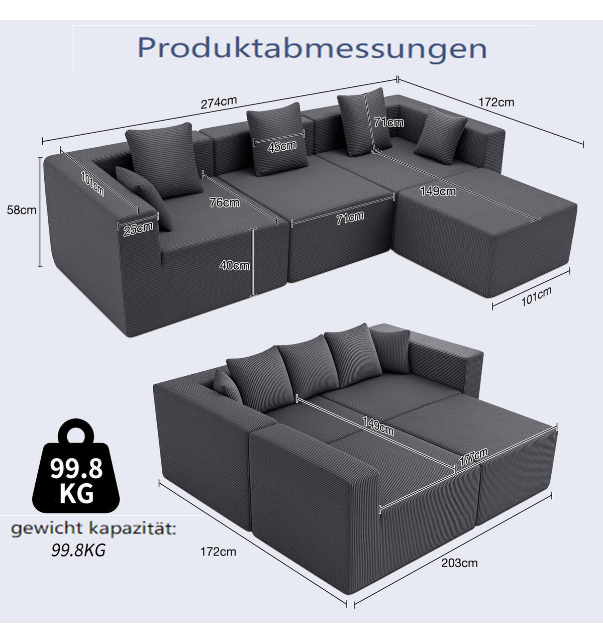 Cord Ecksofa 203 cm in Grau mit Chaiselongue