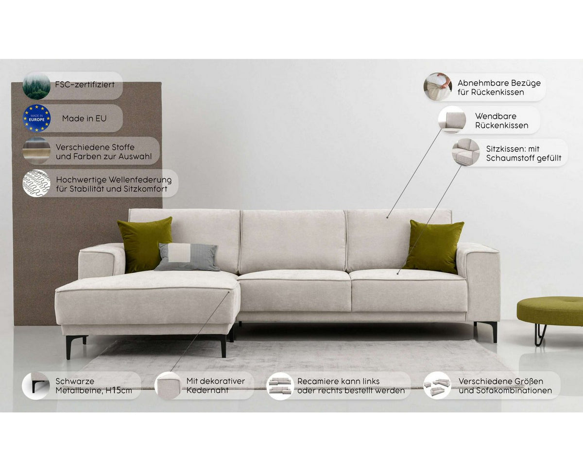 Cord Ecksofa OLAND mit schwarzen Metallfüßen