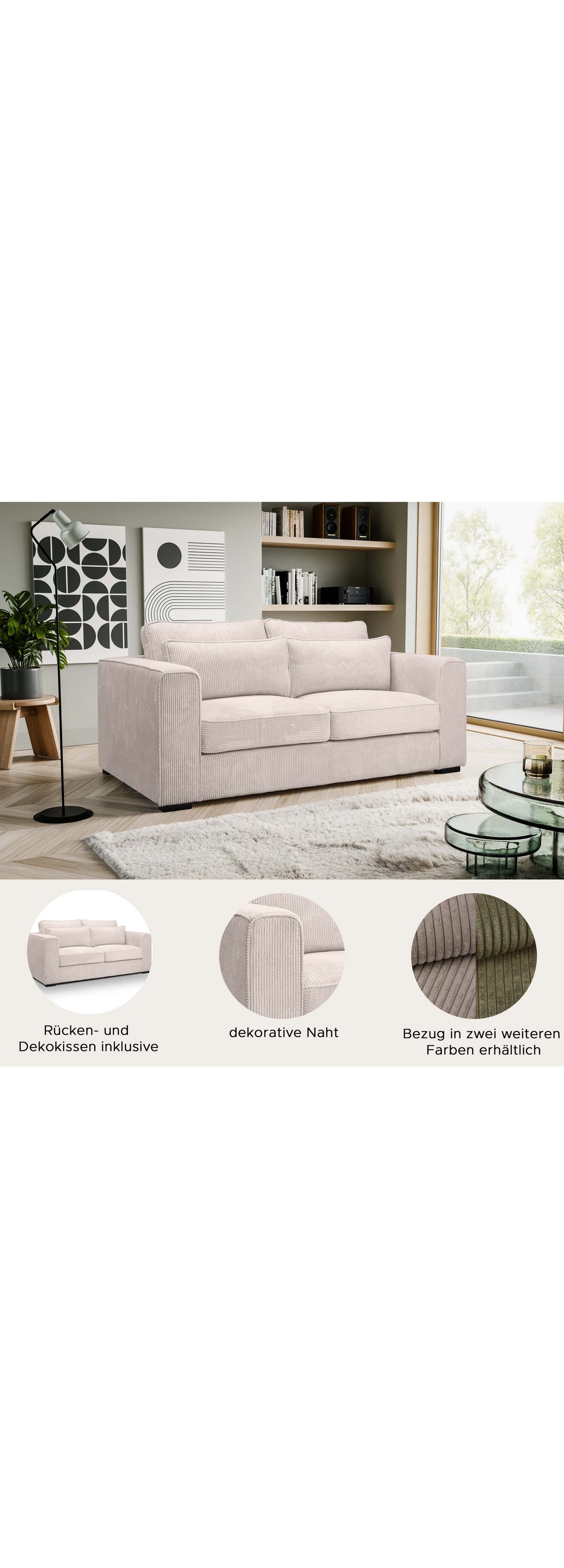 Holzfüße in Sockelform des Cord Sofas ALMIRA