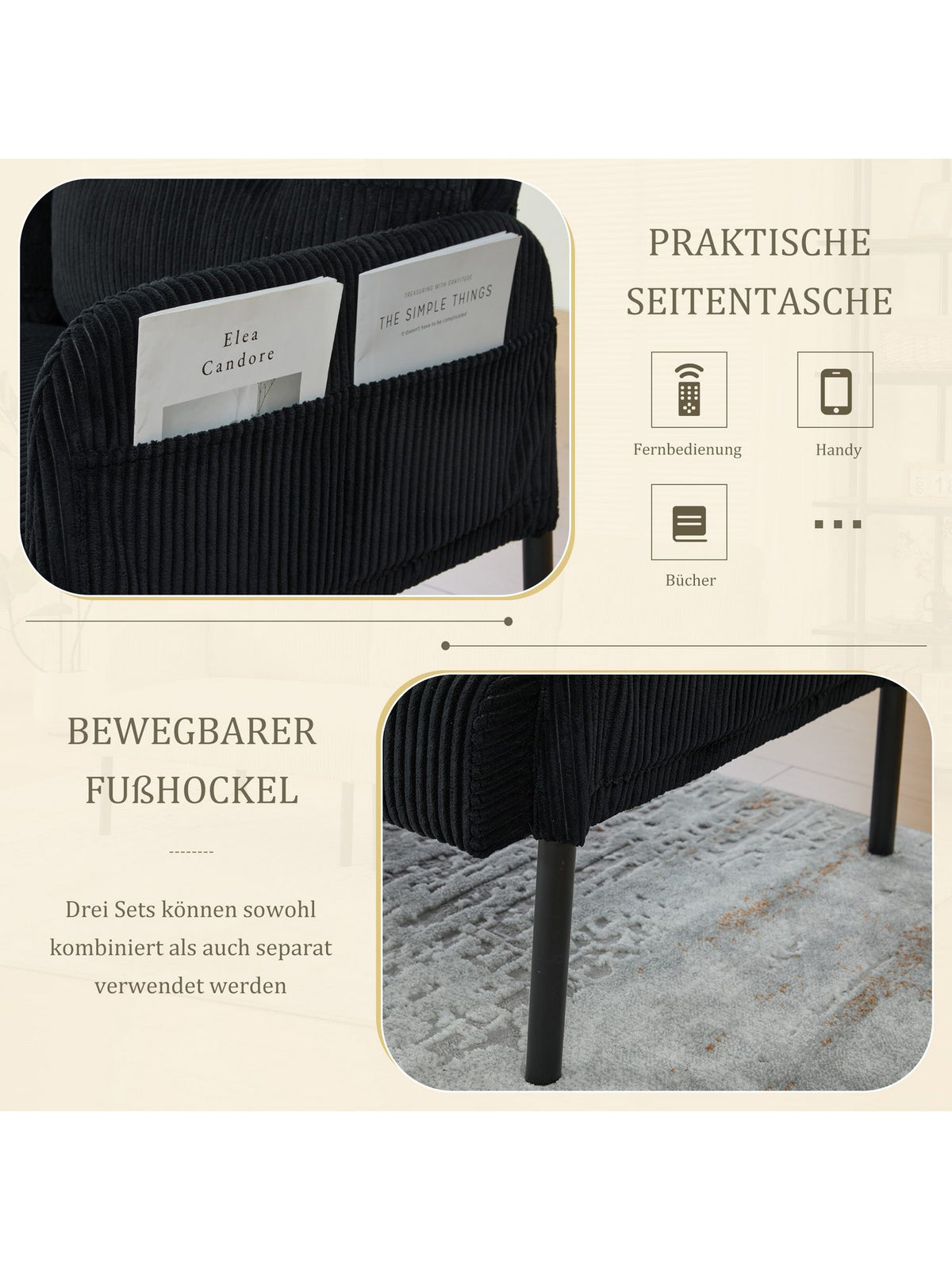 Detailansicht des schwarzen Cordbezugs am Sofa ODIKALO