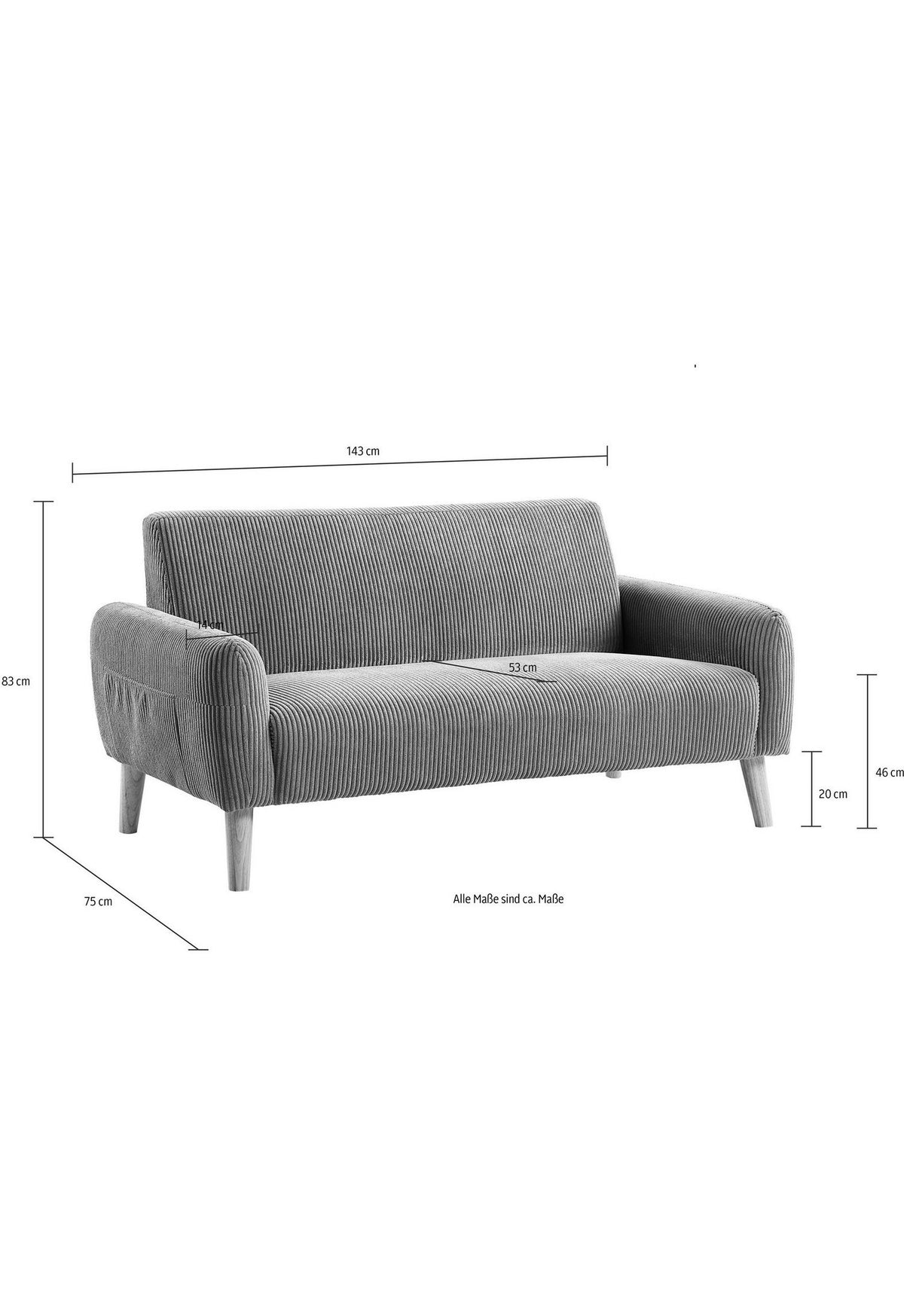 Cord Sofa MOBY in Grau im Wohnraum aufgestellt