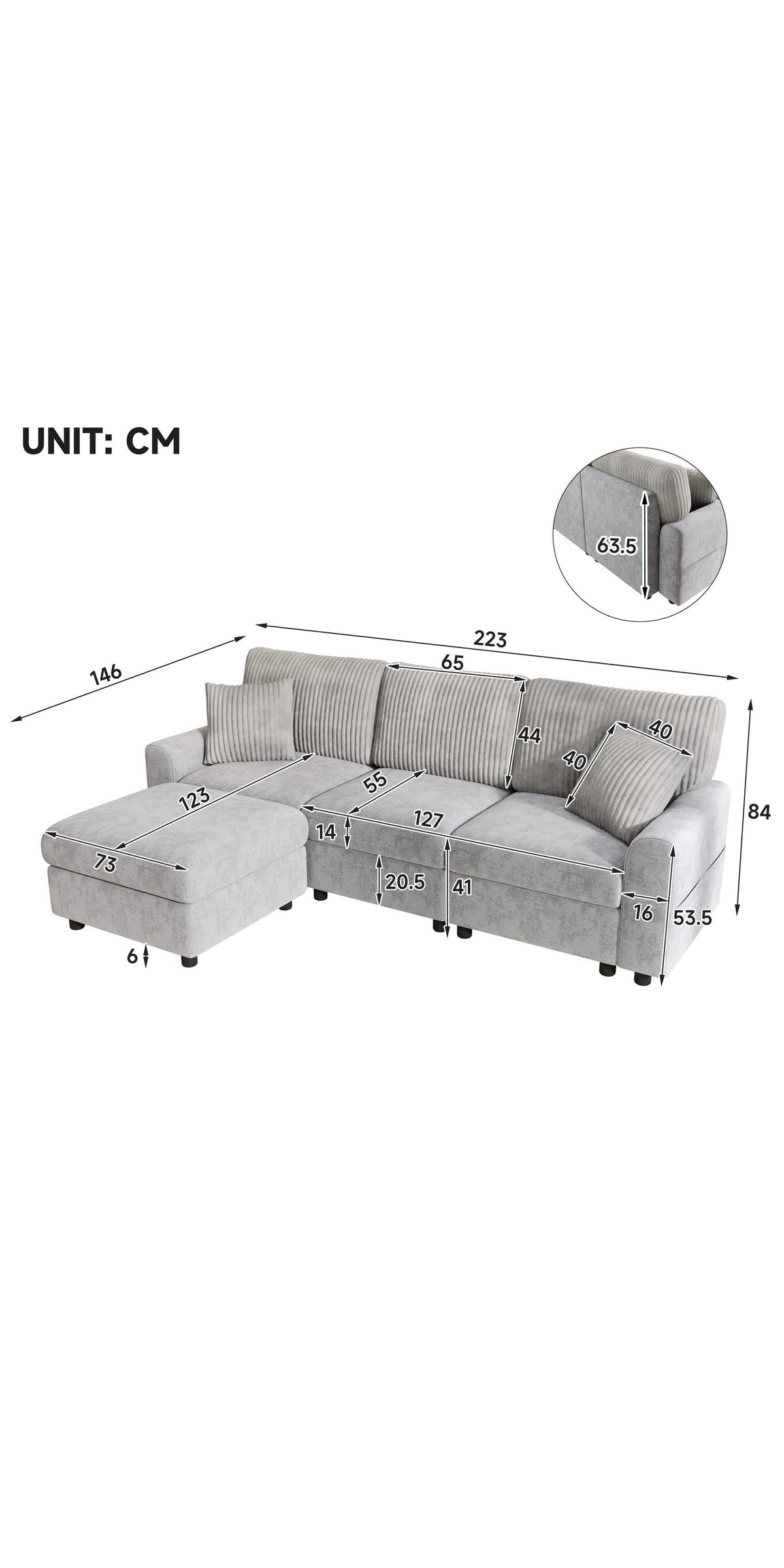Ecksofa MERAX mit zwei Kissen und Hocker im Raum