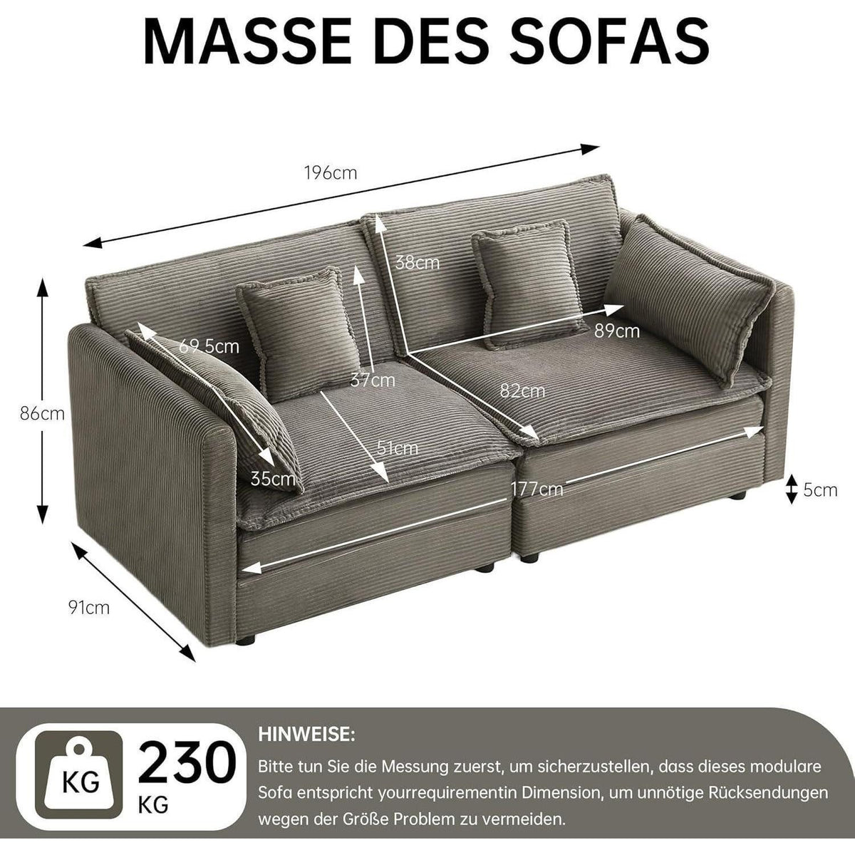Graues Cord Ecksofa in U-Form im Wohnzimmer Ambiente
