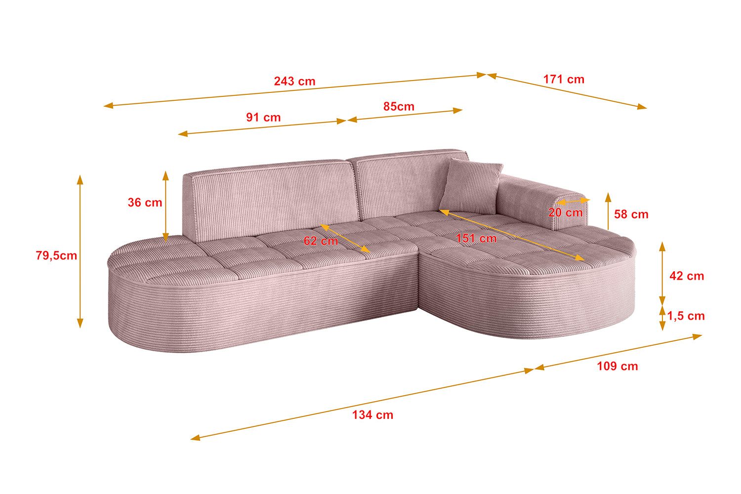 Cord Ecksofa TARO-L1 seitliche Ansicht