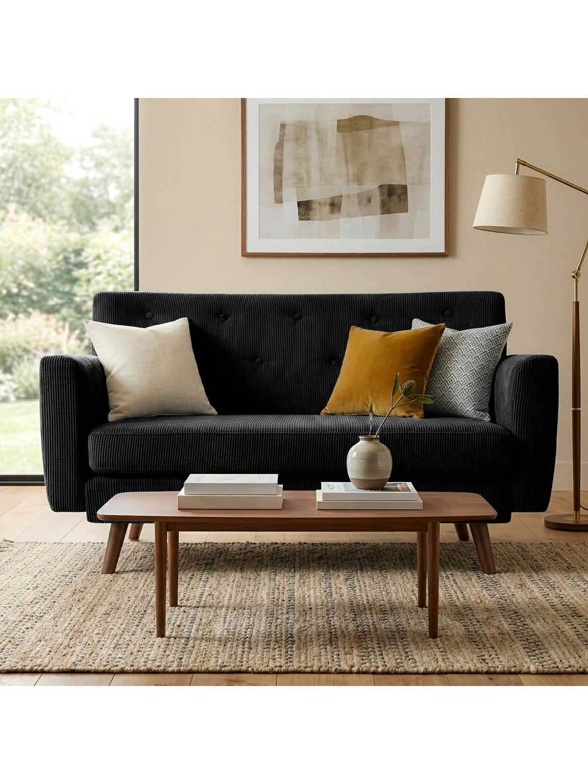Cord Sofa KIONI Nahaufnahme der Beine aus Kautschukholz