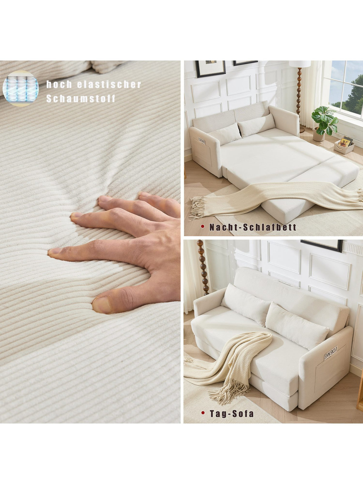 Die zwei Lendenkissen des Cord Klappsofas