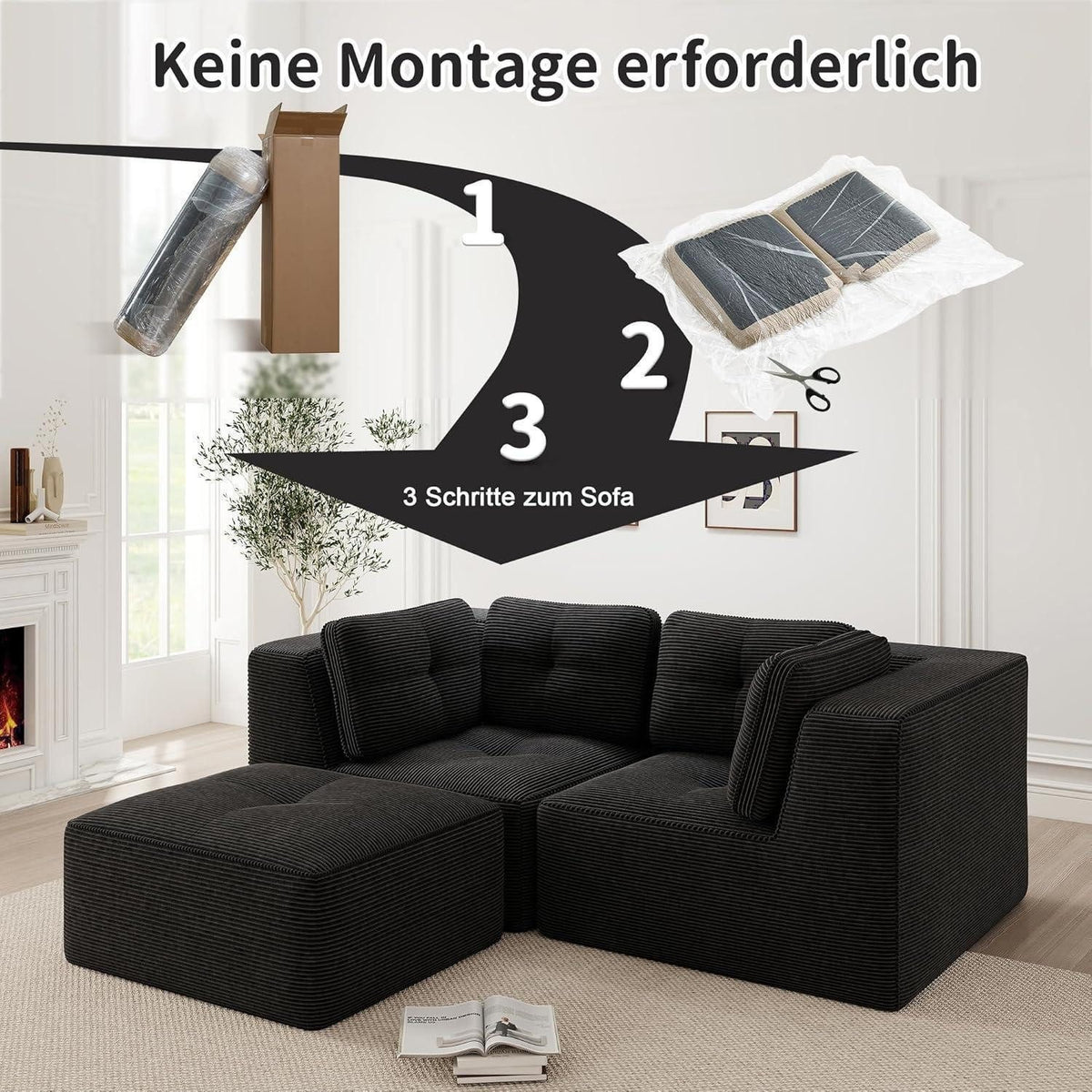 Schwarzes Cord Ecksofa mit breiten Armlehnen