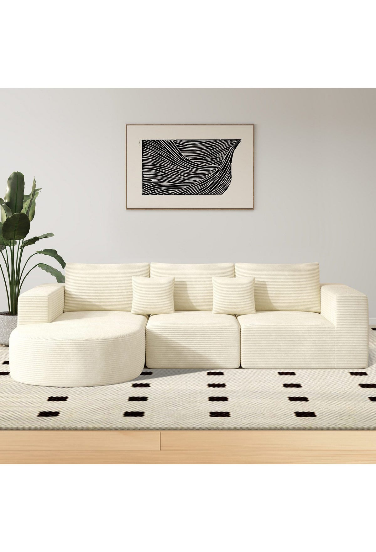 Beiges Cord Ecksofa mit Chaiselongue von der Seite