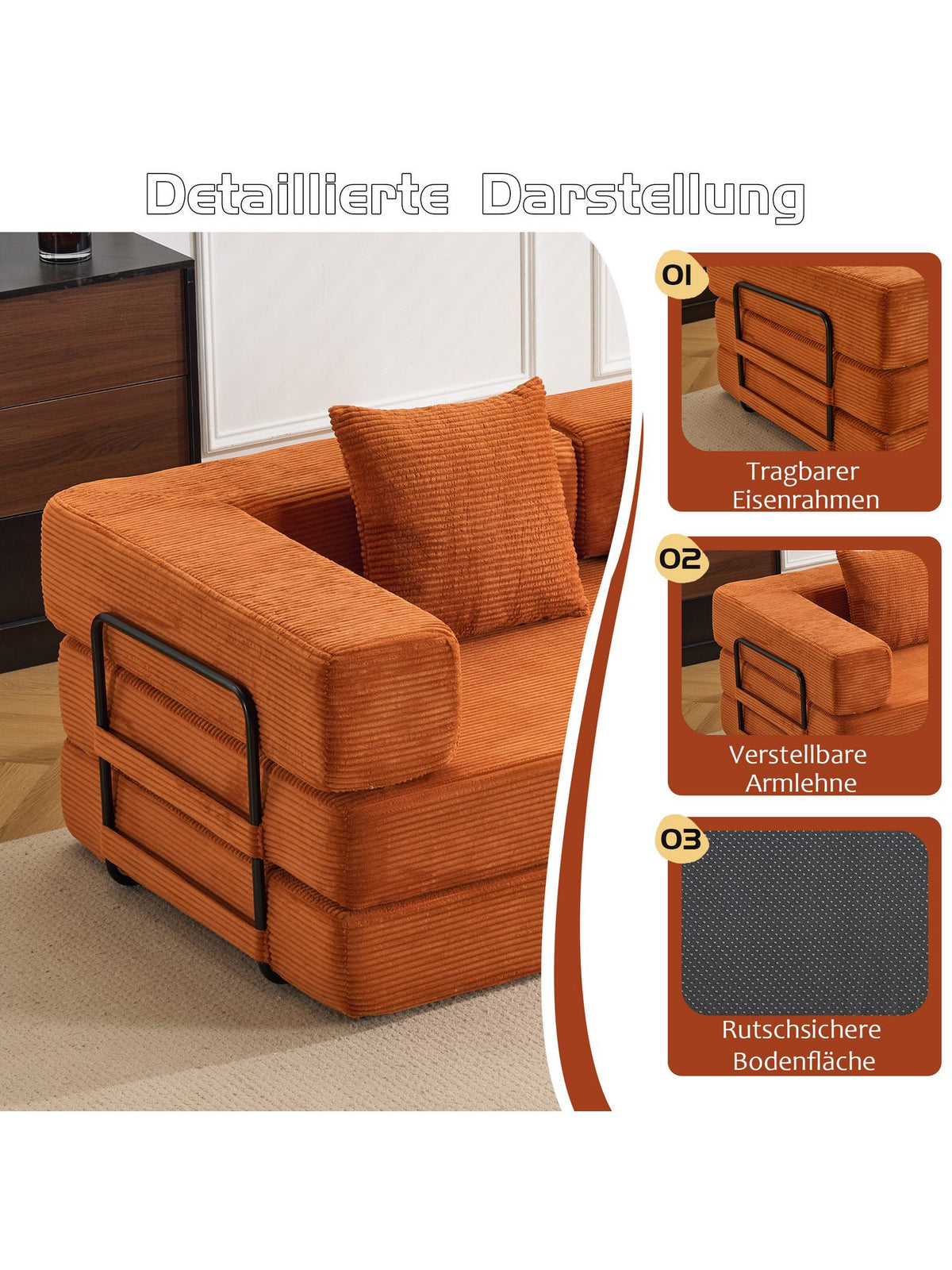Seitenansicht des faltbaren Cord Schlafsofas VANKEL