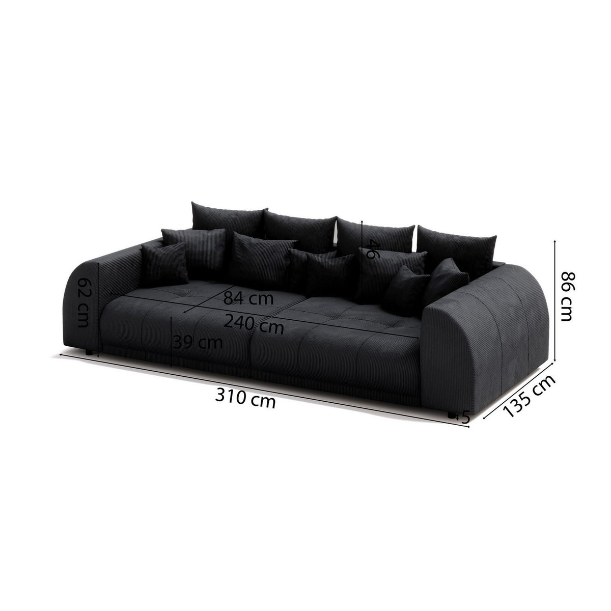 Nahaufnahme des schwarzen Cordstoffs am Big Sofa LEVANA