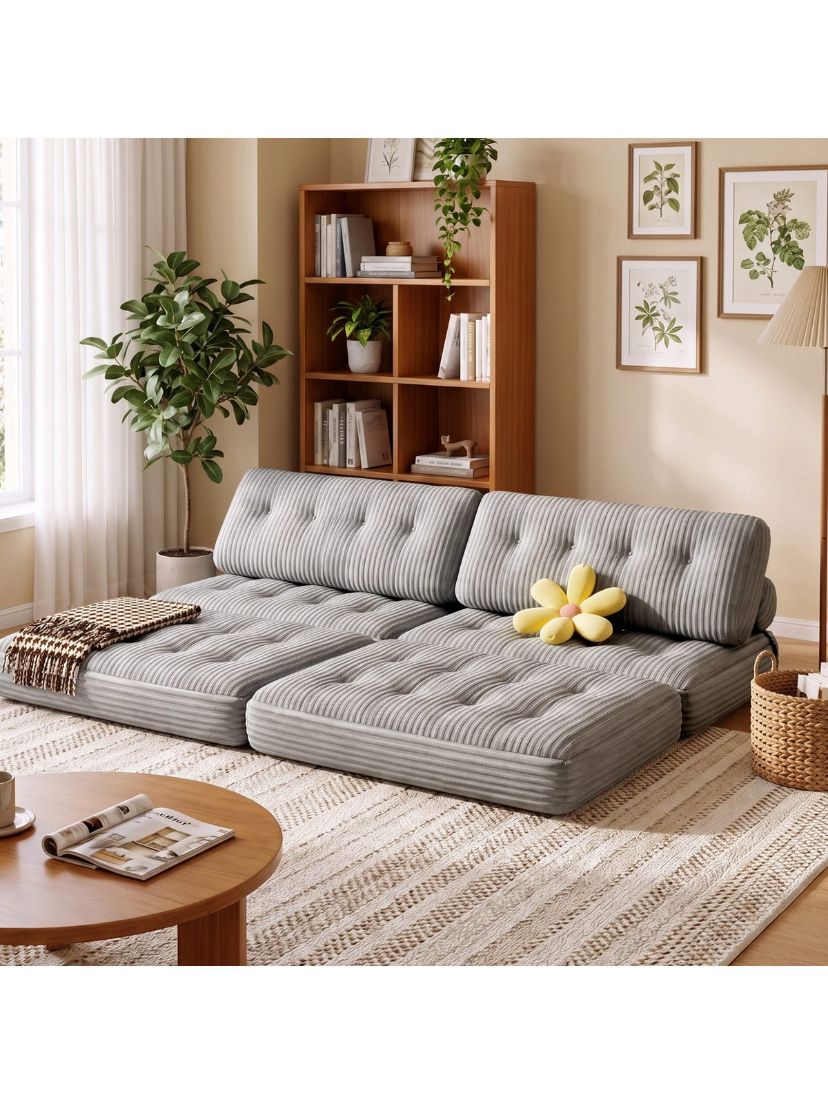 Cord Schlafsofa BLISHOM in Hellgrau aufgeklappt als Gästebett