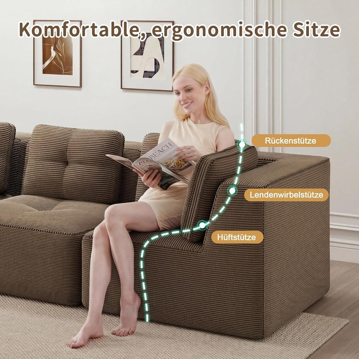 Einzelne Module des braunen Cord Ecksofas nebeneinander