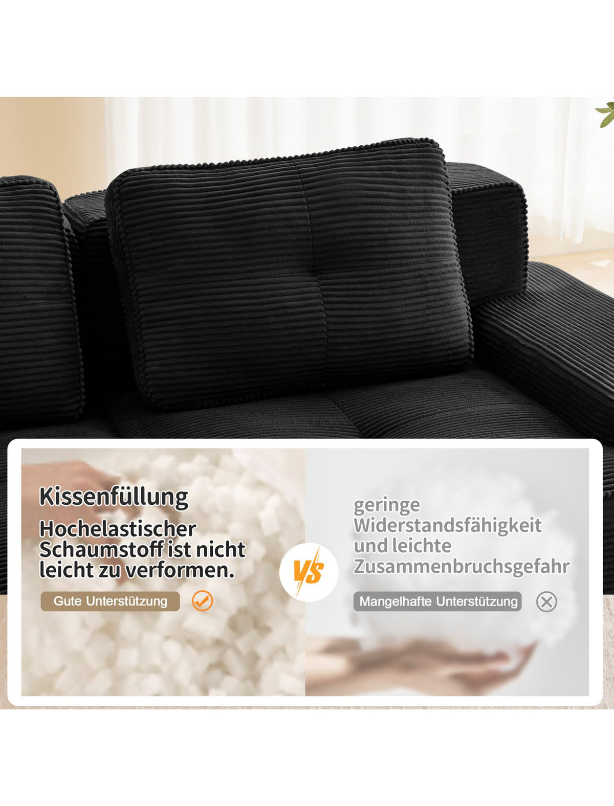 Tiefsitz des modularen Cord Schlafsofas in Schwarz