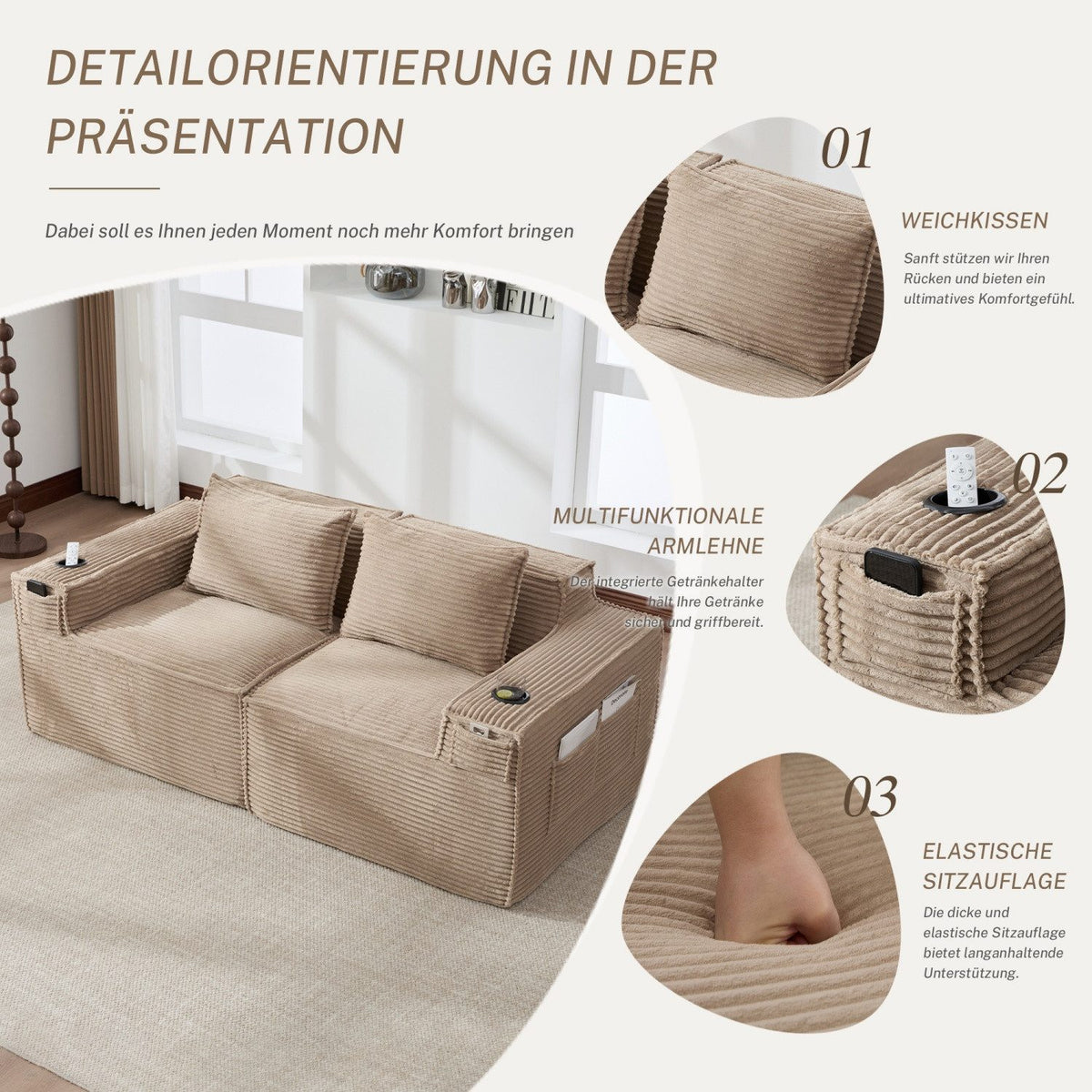 Detailaufnahme der Rippenstruktur des Kordstoffs in Khaki