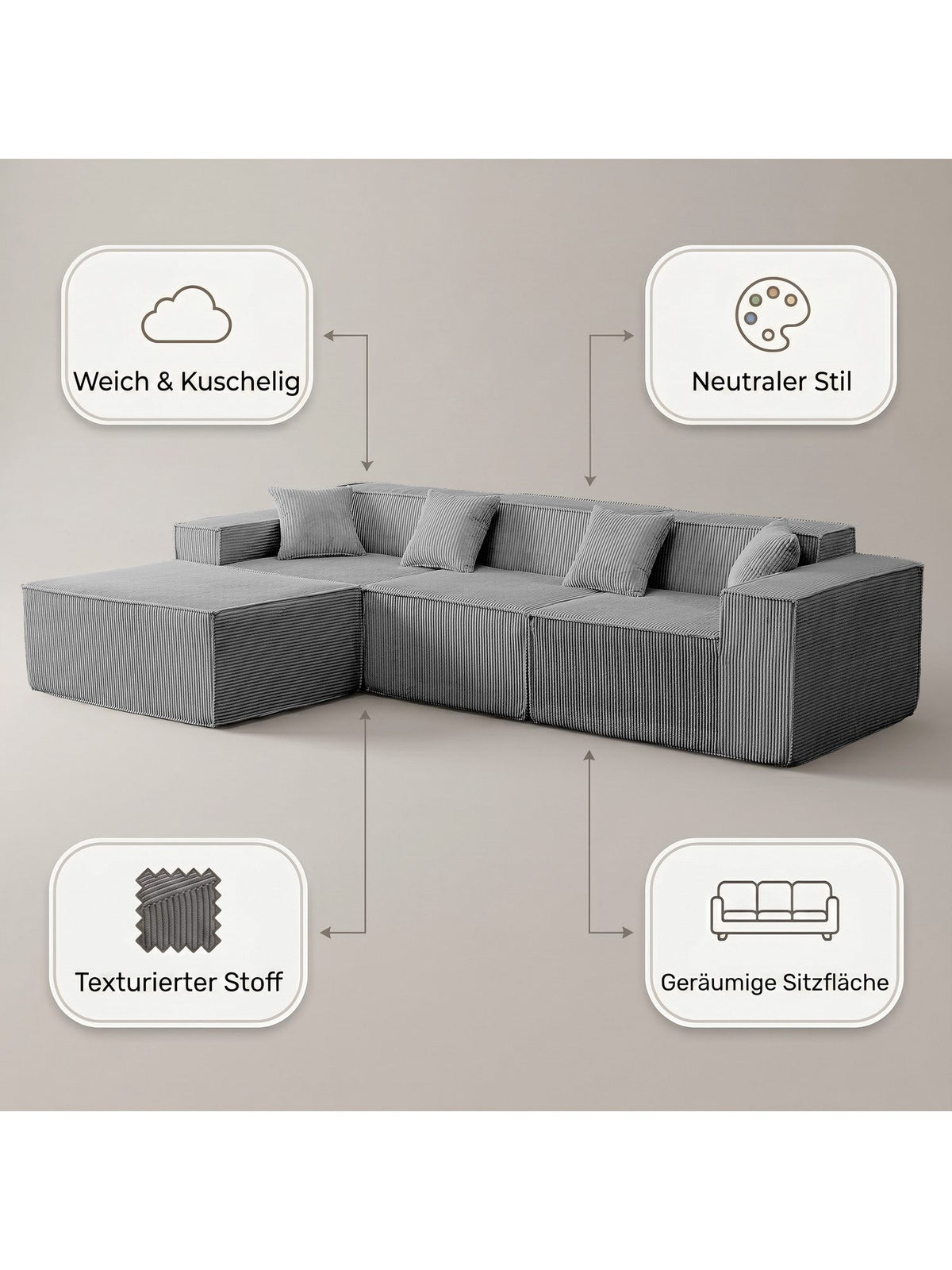 Rückenlehne und Armlehne des Cord Ecksofas in Grau