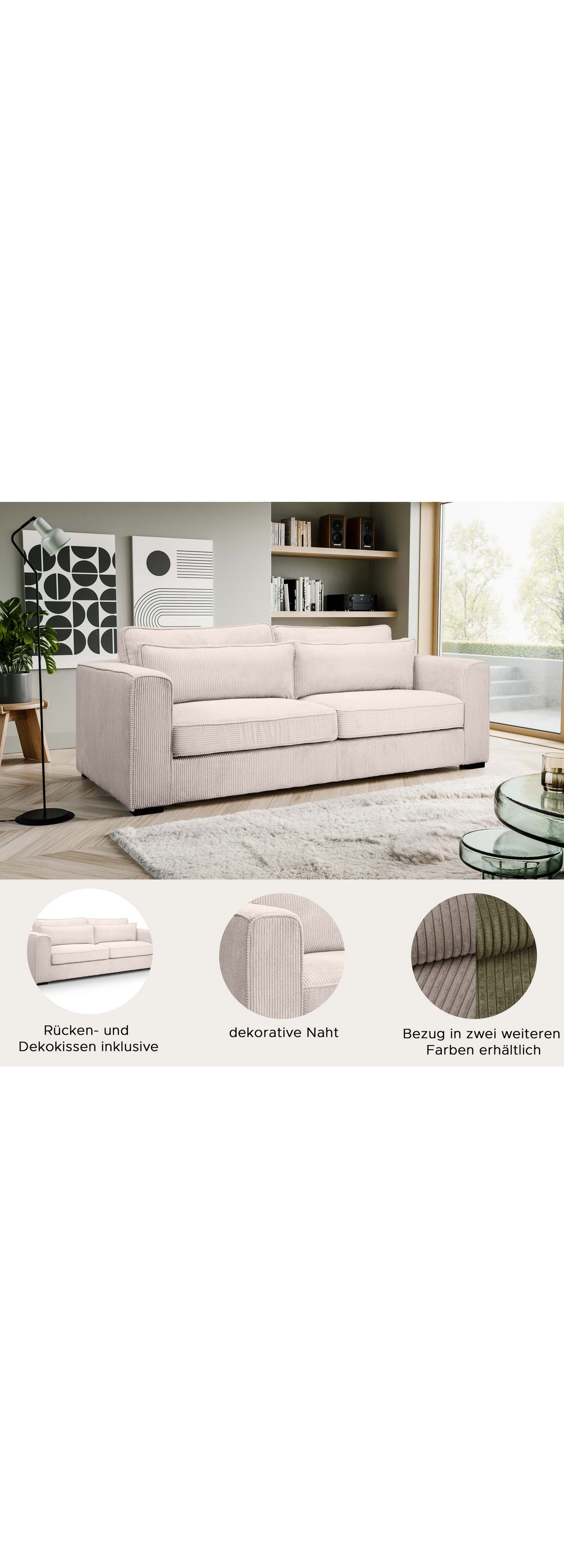 Holzfuß als Sockel am Cord Sofa ALMIRA
