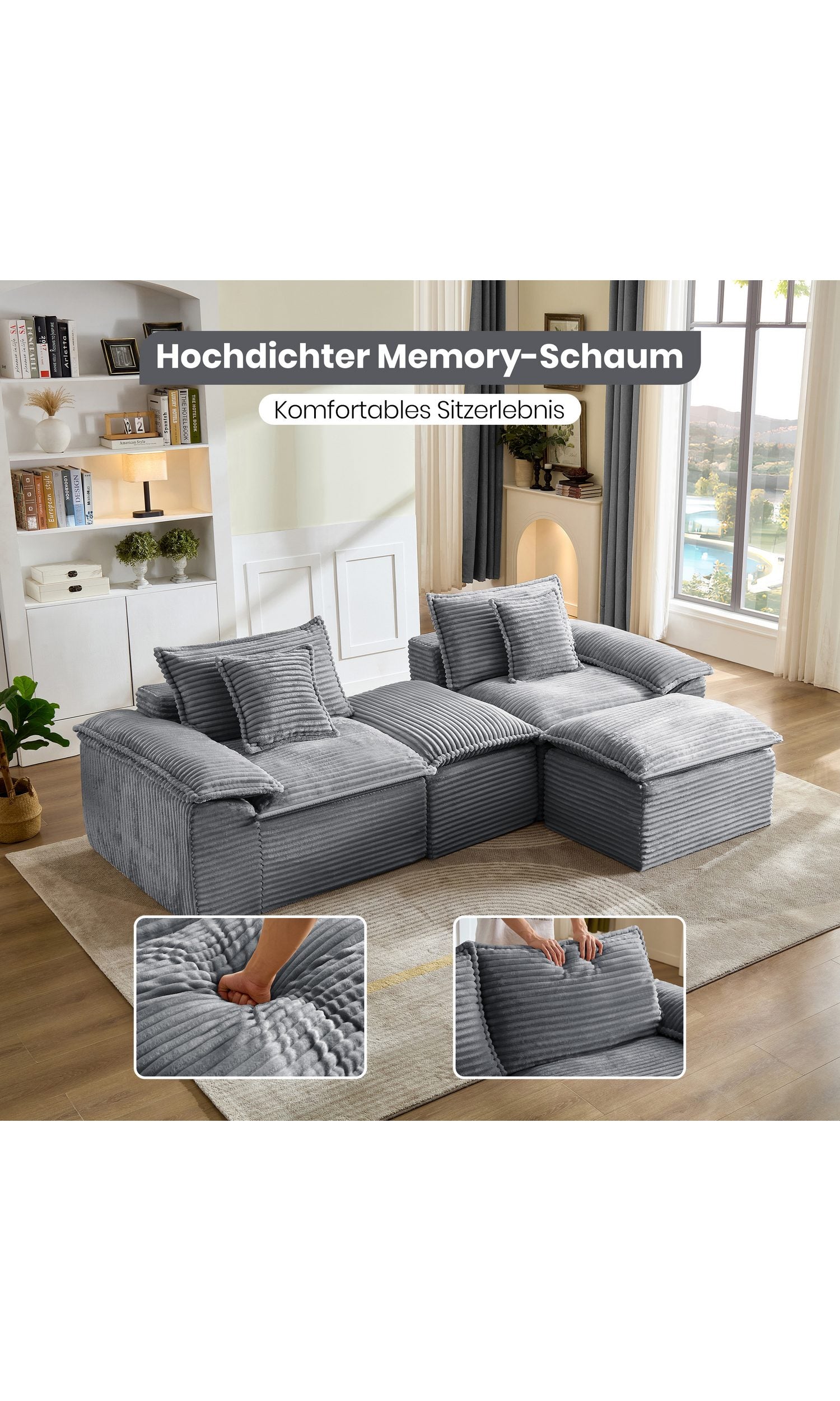 Cord Schlafsofa Grau mit ausgeklappter Liegefläche
