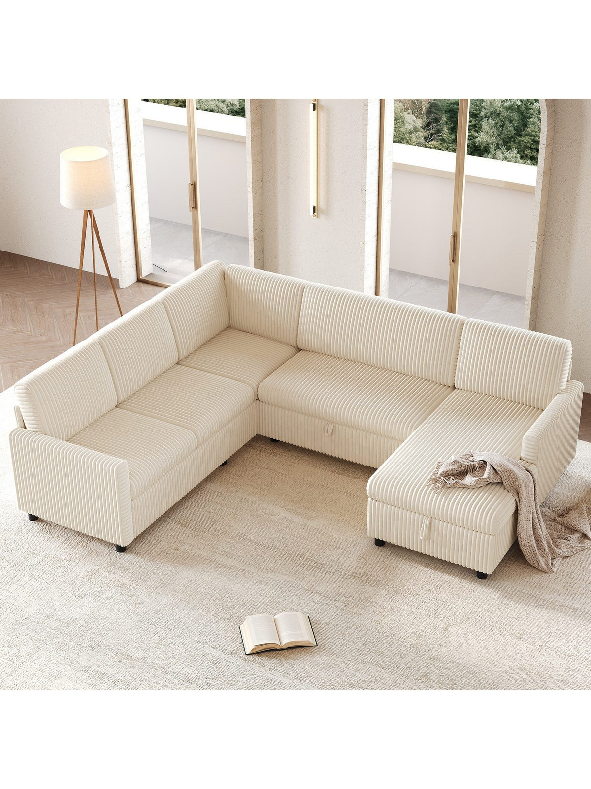 Cord Wohnlandschaft in Beige von vorne mit ausziehbarer Liegefläche