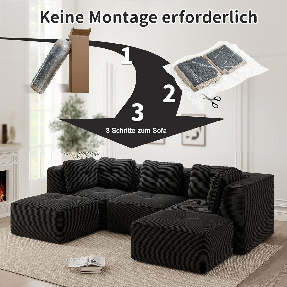 Tiefe Sitzfläche des schwarzen Cord Ecksofas