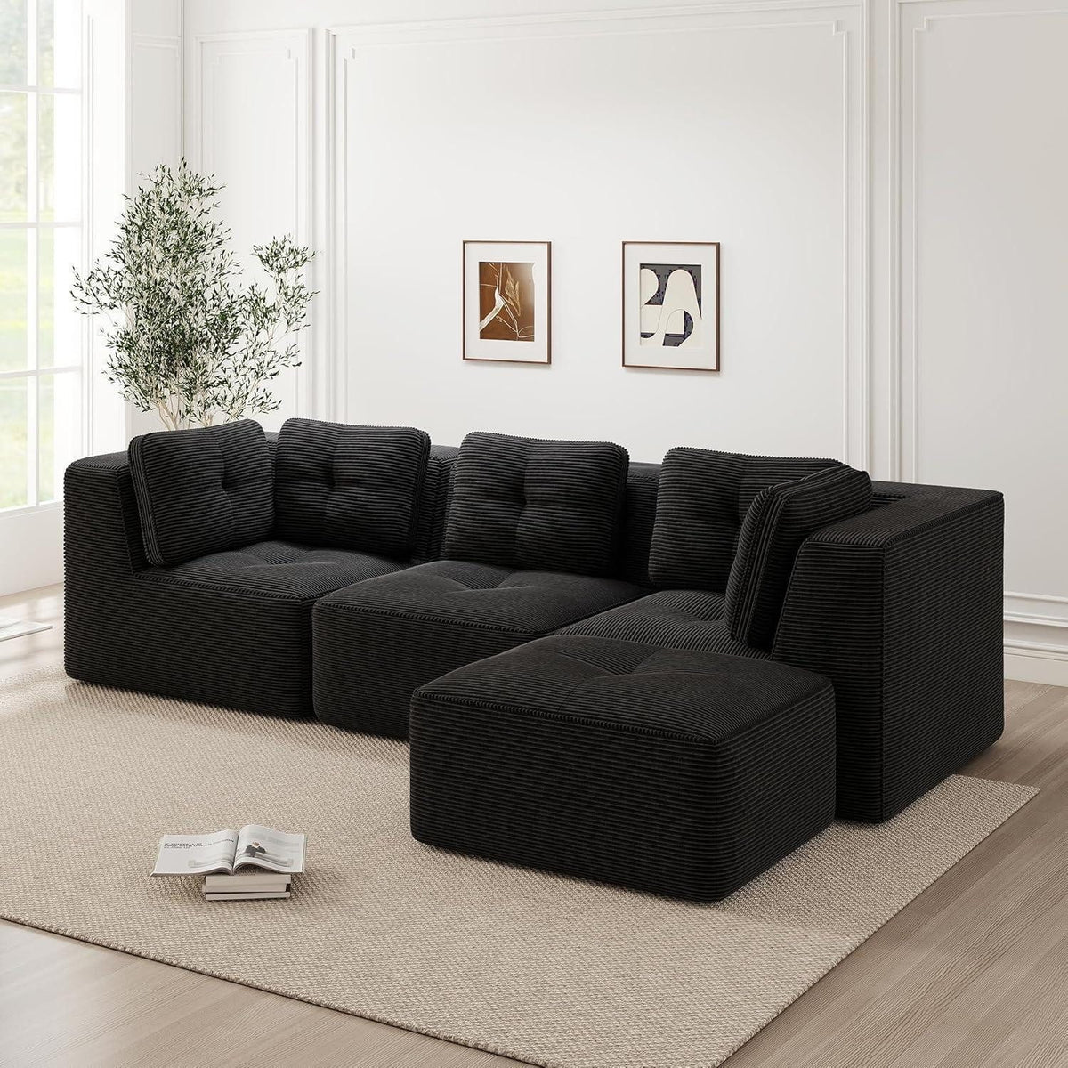 Modulares Cord Ecksofa 2C1S+1O in Schwarz seitlich