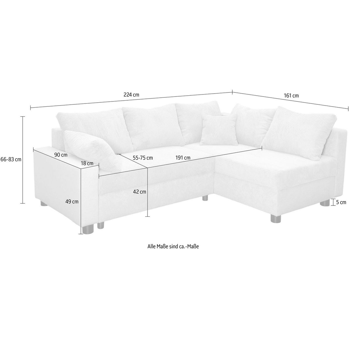 Cord Ecksofa PARMA 224 cm in Hellgrau und Beige Ansicht 4