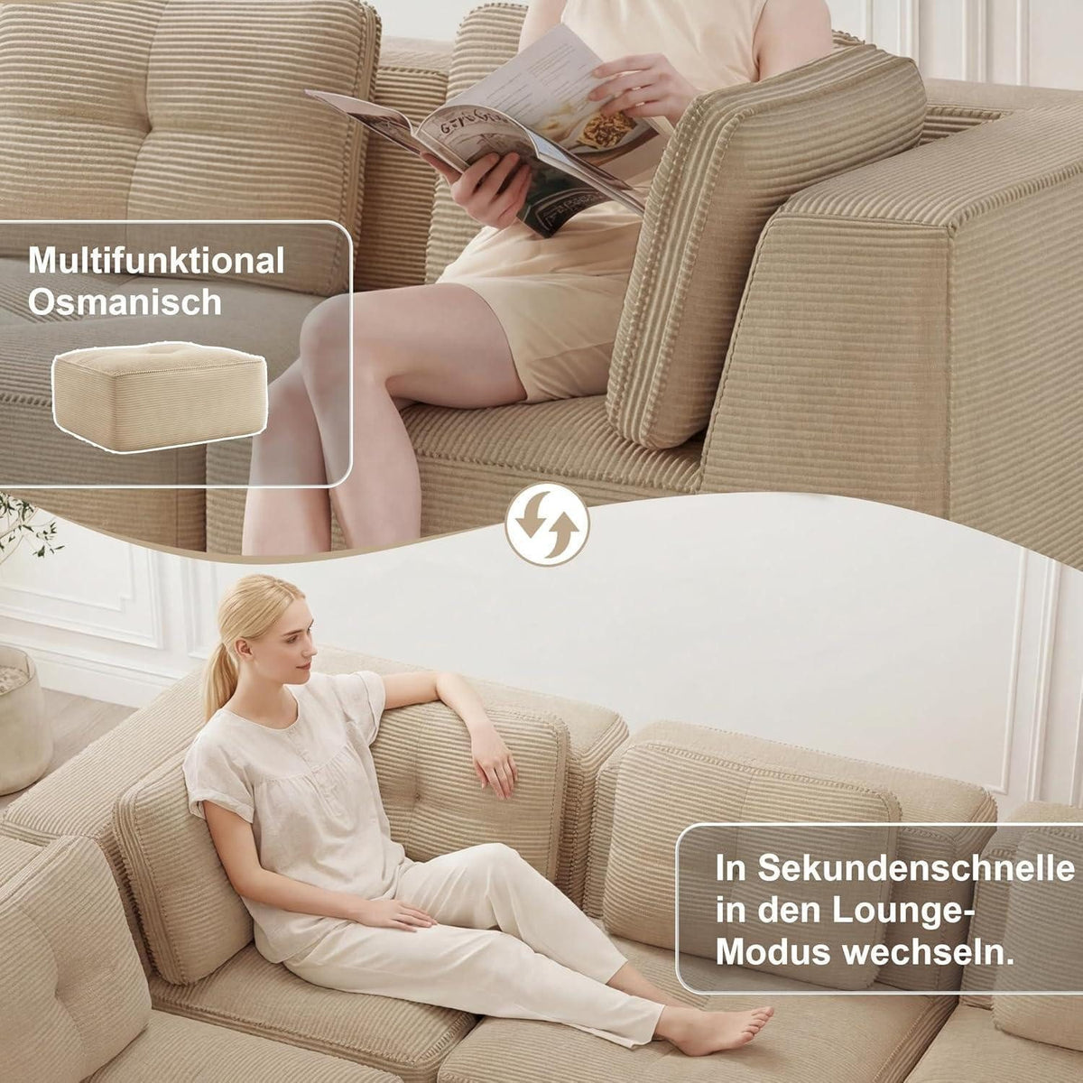 Beiges Cord Ecksofa mit tiefer Sitzfläche von 74 cm