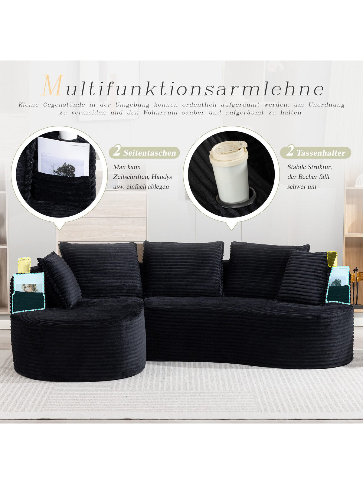 Cord Sofa BOGESOFA mit Zierkissen und Massangaben