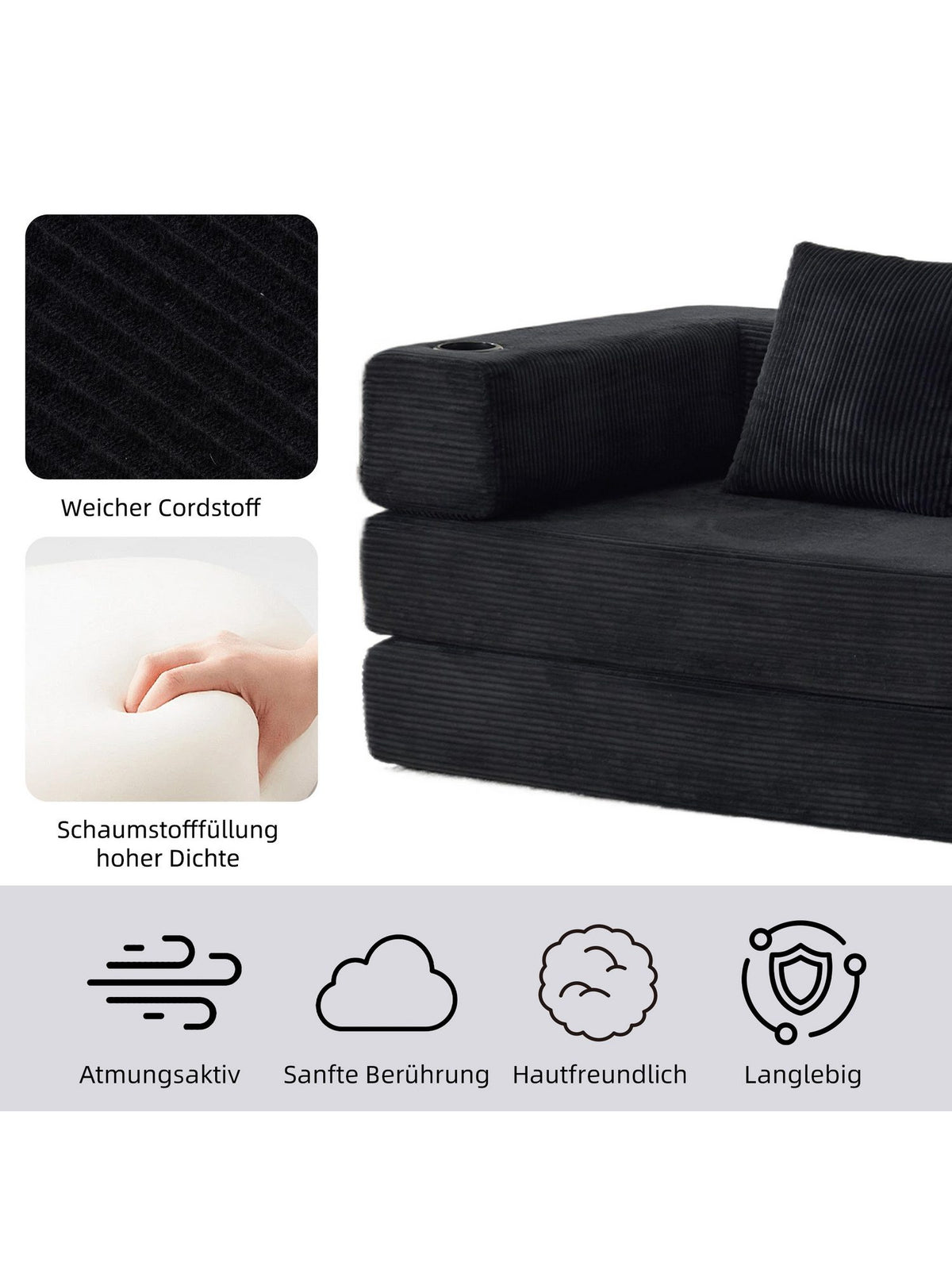 Cord Klappsofa VANKEL als Gaestebett im Wohnzimmer