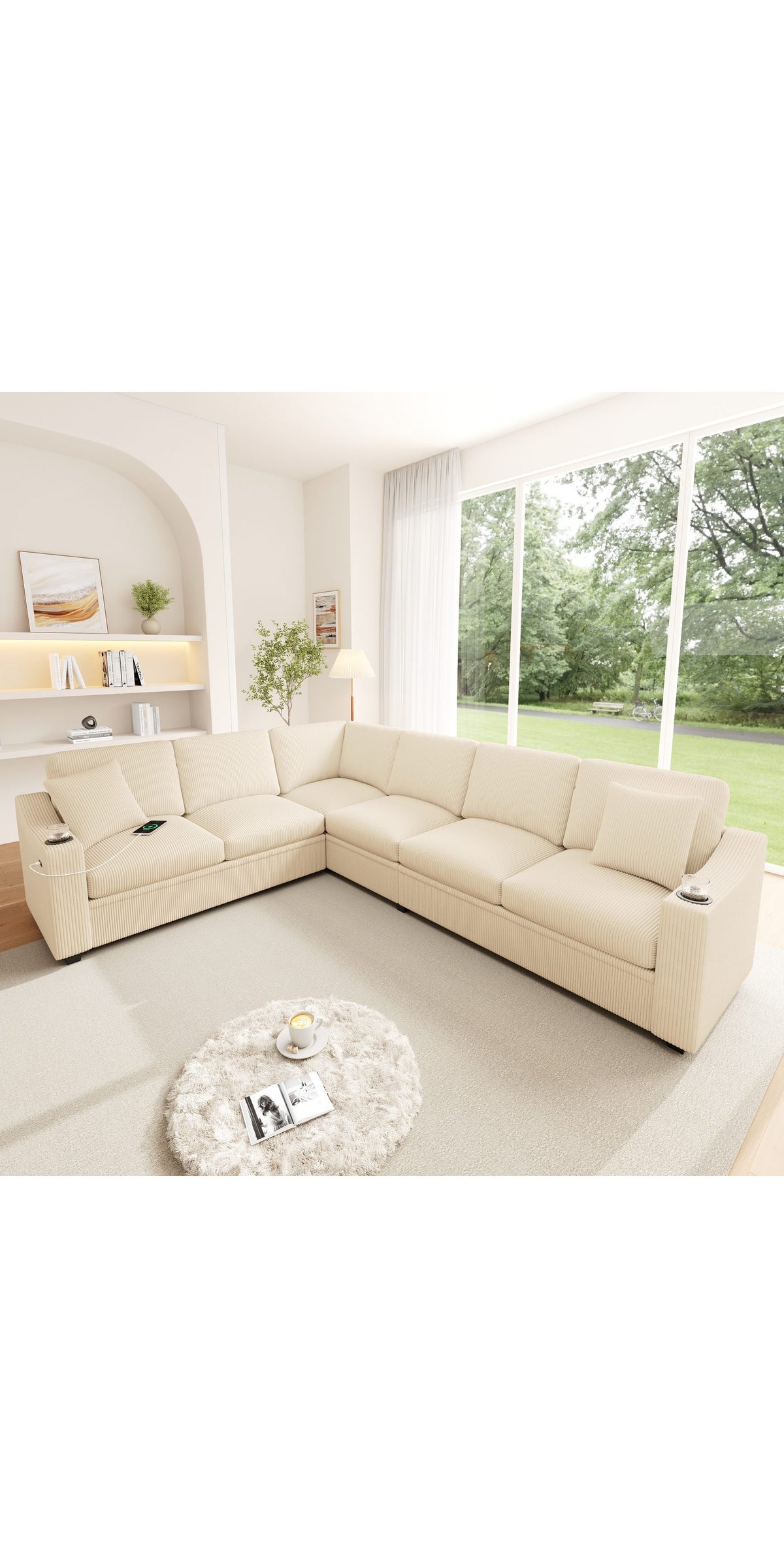 Cord Ecksofa in Beige mit langer Chaiselongue