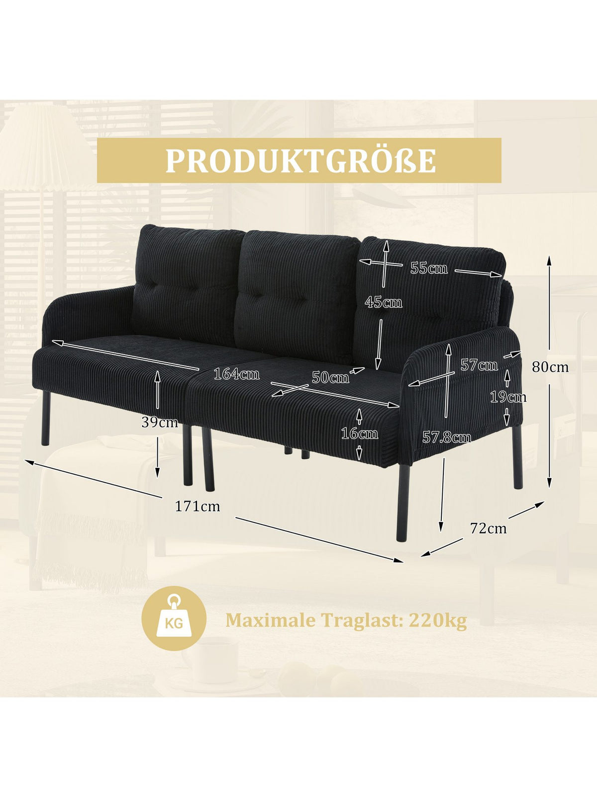 Seitentasche des Cord Sofas ODIKALO mit Stauraum
