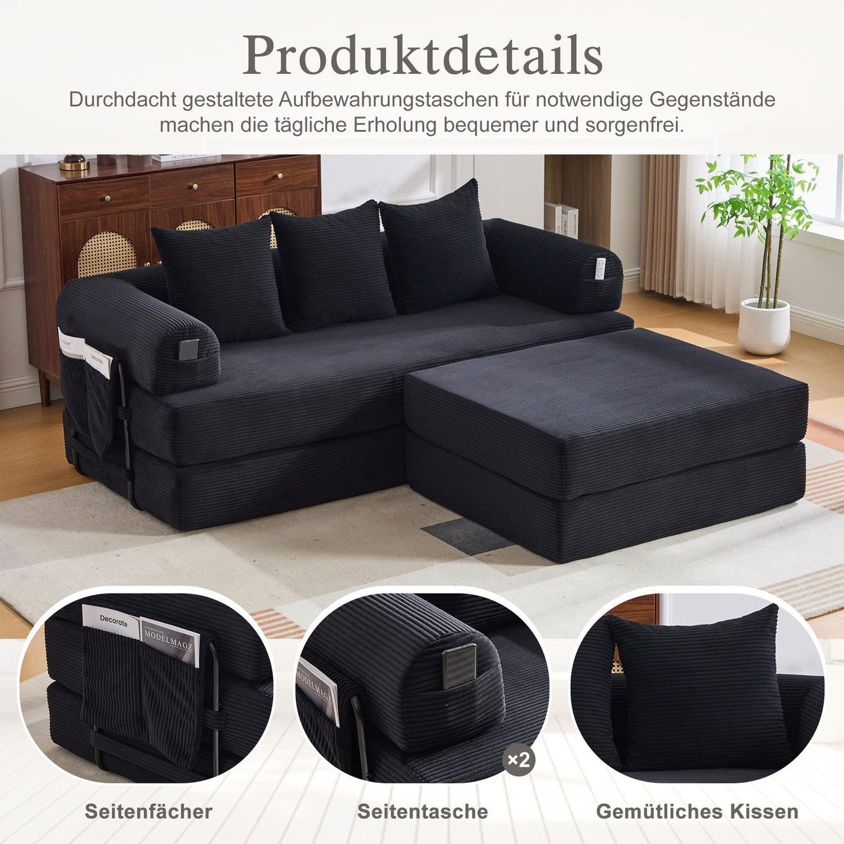 Modulares Cord Ecksofa in Schwarz mit ausgebreiteter Liegeflaeche